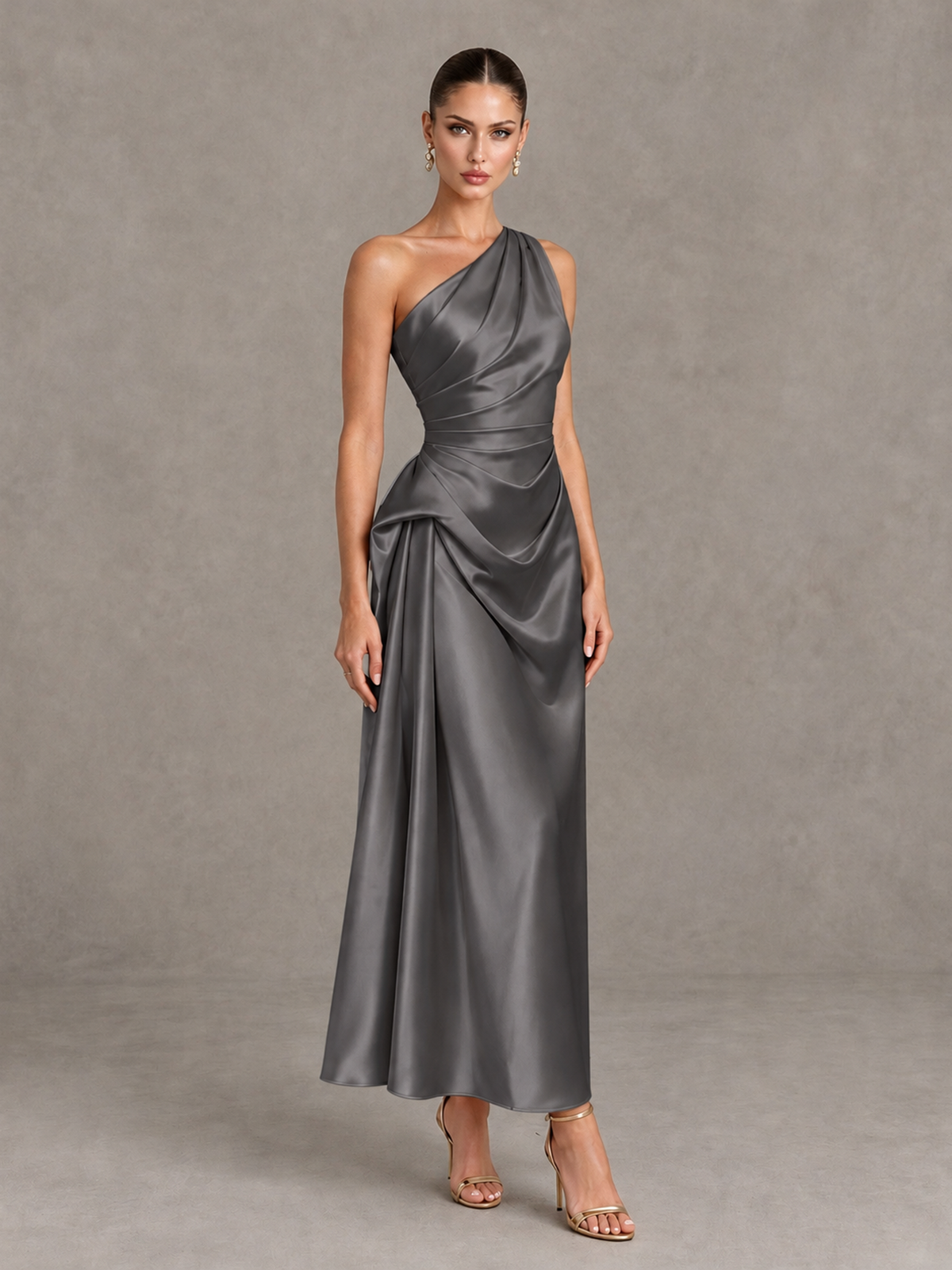 BOLODOO Grey One Shoulder Satin Cocktail Dress with Draped A-Line Skirt - Grey - Grey_3