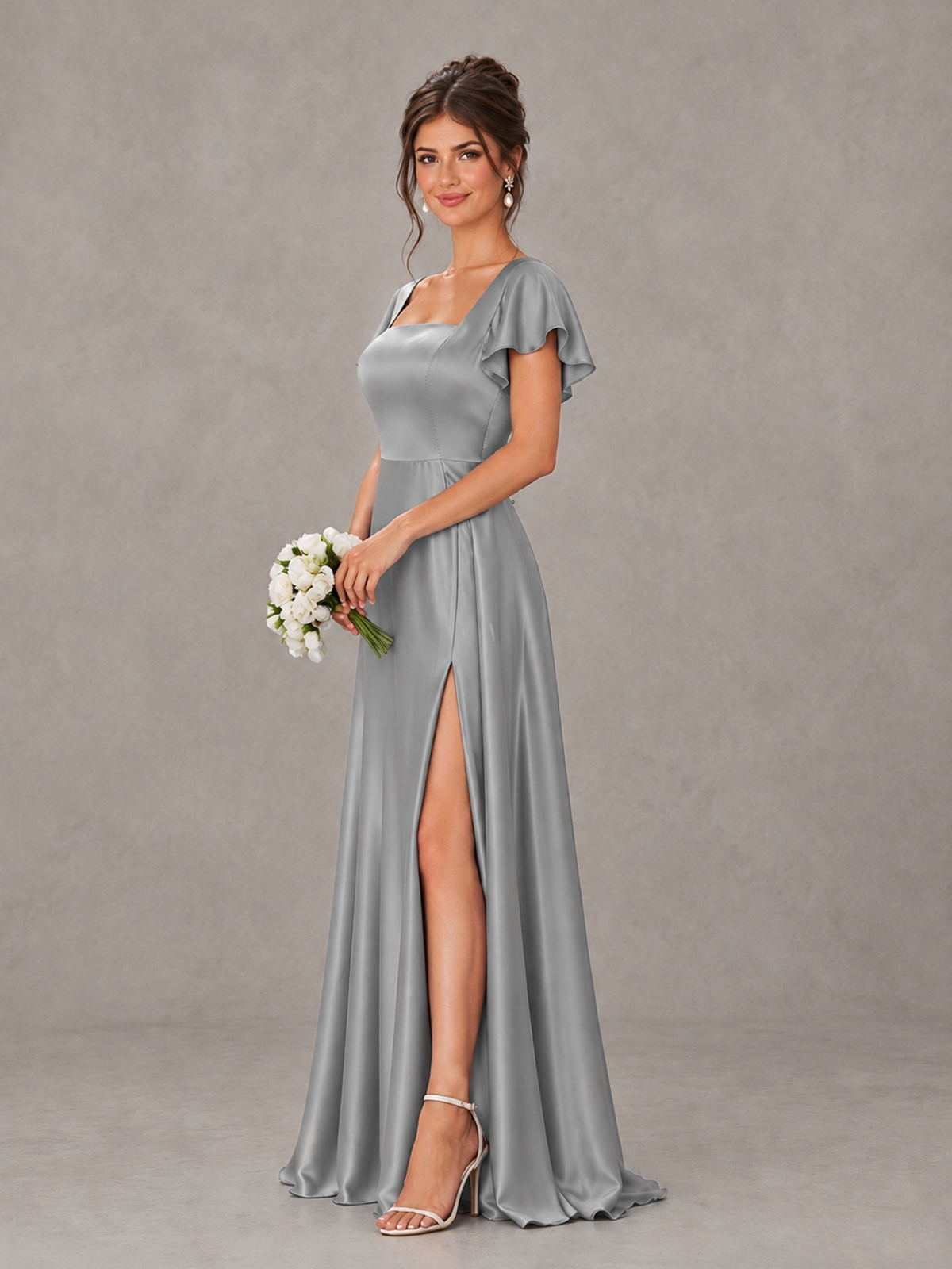 BOLODOO Grey Satin Square Neck Flutter Sleeve A-Line Bridesmaid Dress with Slit - Grey - Grey_3