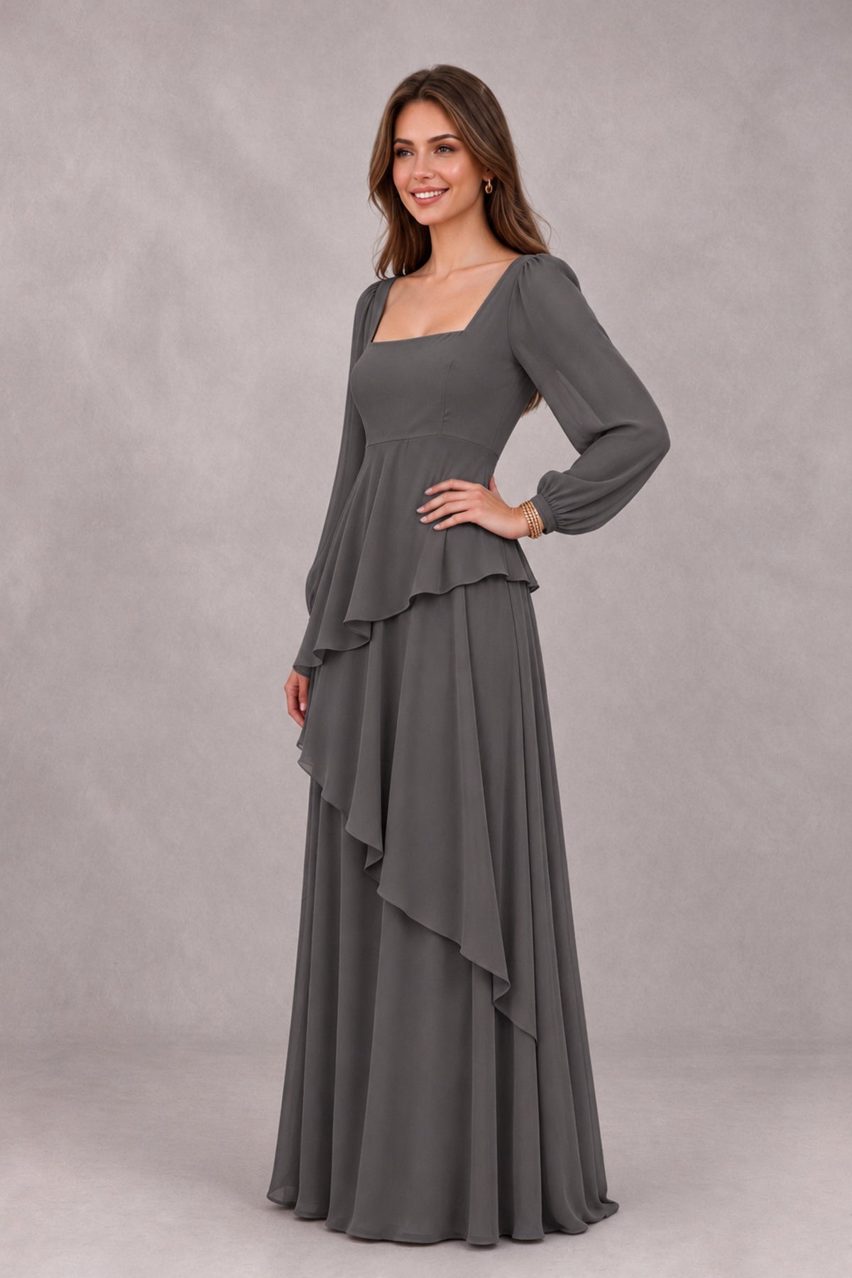 BOLODOO Grey Long Sleeve Ruffle Bridesmaid Dresses - Grey - Grey_3