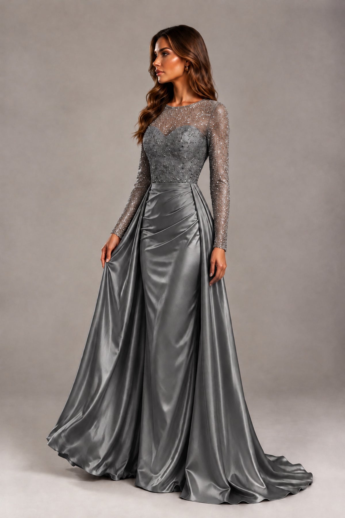 BOLODOO Grey Long Sleeve Embellished Satin Evening Gown with Sweep Train - Grey - Grey_3