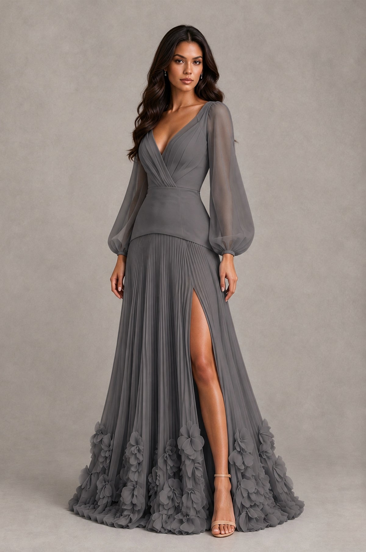 BOLODOO Grey V-Neck Long Sleeve Pleated Floral Hem Evening Dress - Grey - Grey_3