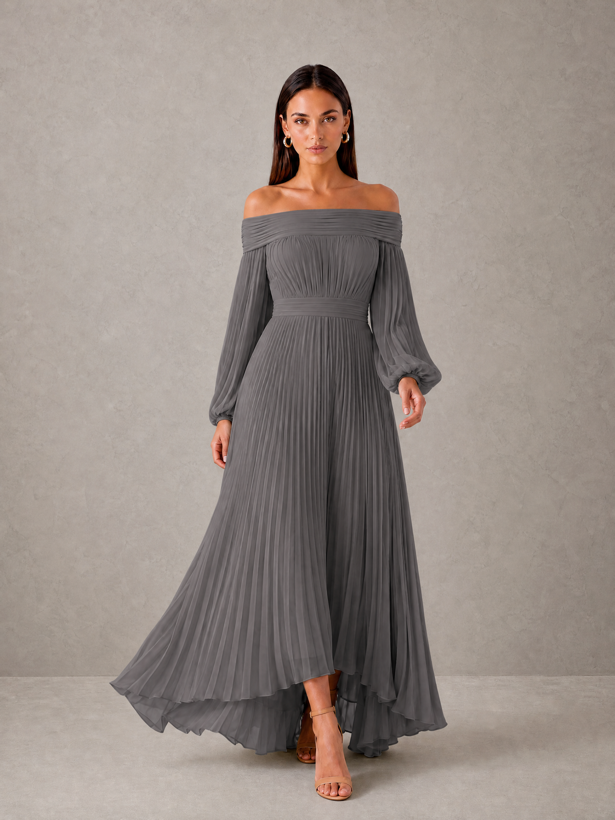 BOLODOO Grey Off-Shoulder Long Sleeve Pleated High-Low Dress - Grey - Grey_3