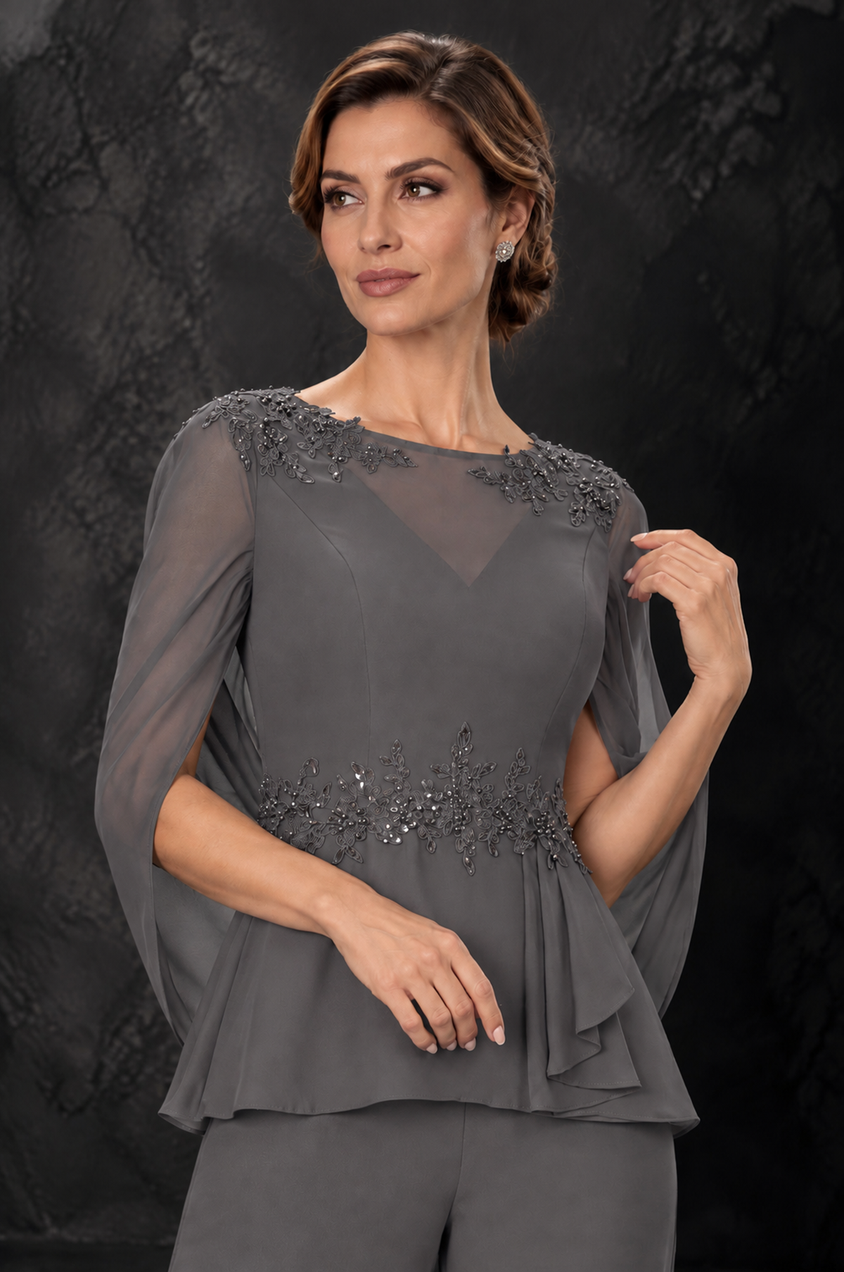 BOLODOO Grey Embellished Cape Sleeve Mother of the Bride Pantsuit - Grey - Grey_3