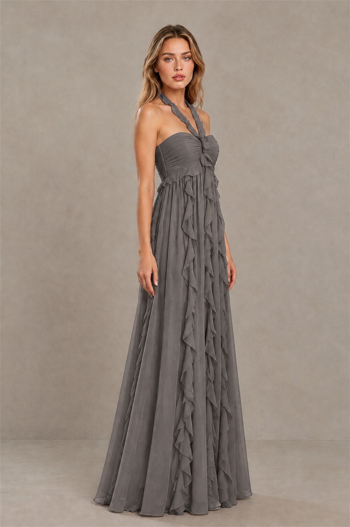 BOLODOO Grey Halter Ruffle A-Line Floor-Length Evening Dress - Grey - Grey_3