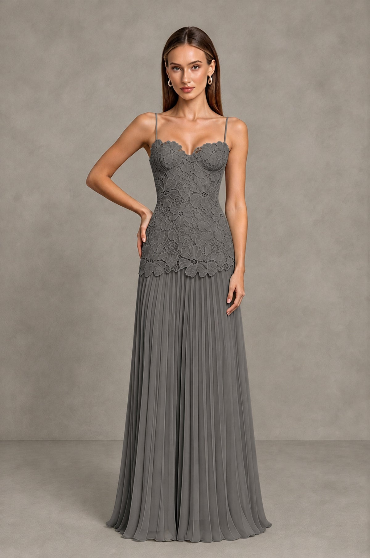 BOLODOO Grey Lace Bodice Pleated Wedding Guest Dress - Grey - Grey_3