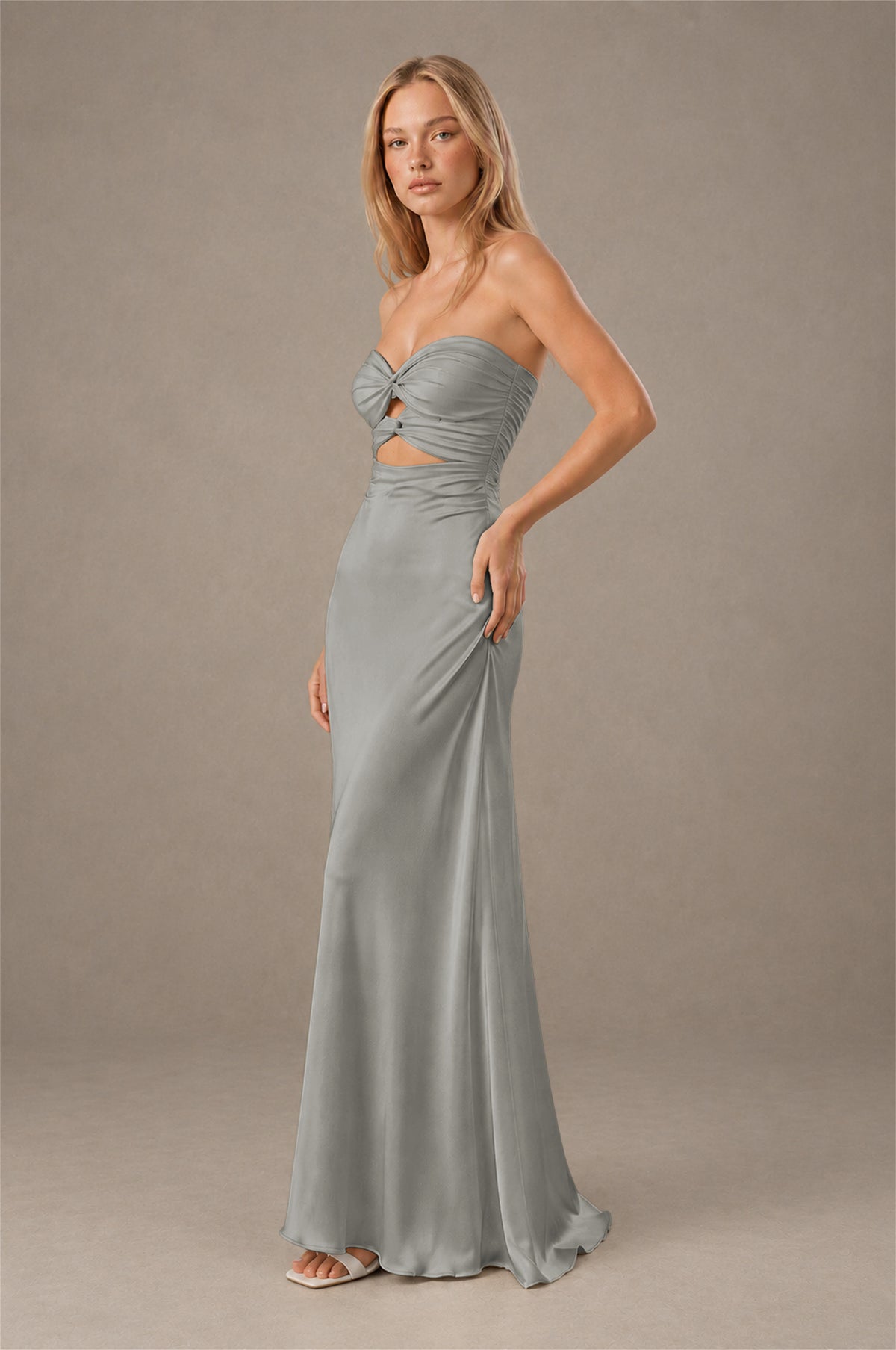 BOLODOO Grey Sweetheart Strapless Twist Knot Cutout Lace-Up Back Satin Mermaid Maxi Dress - Grey - Grey(3)