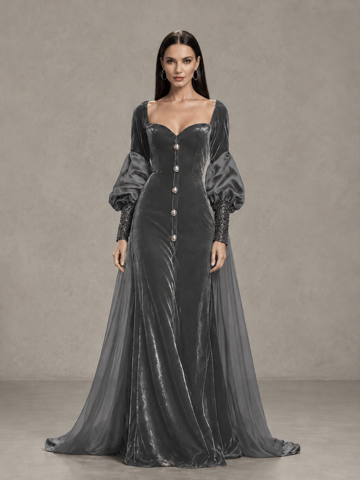 BOLODOO Grey Velvet Long Sleeve Open-Back Evening Gown - Grey - Grey_3