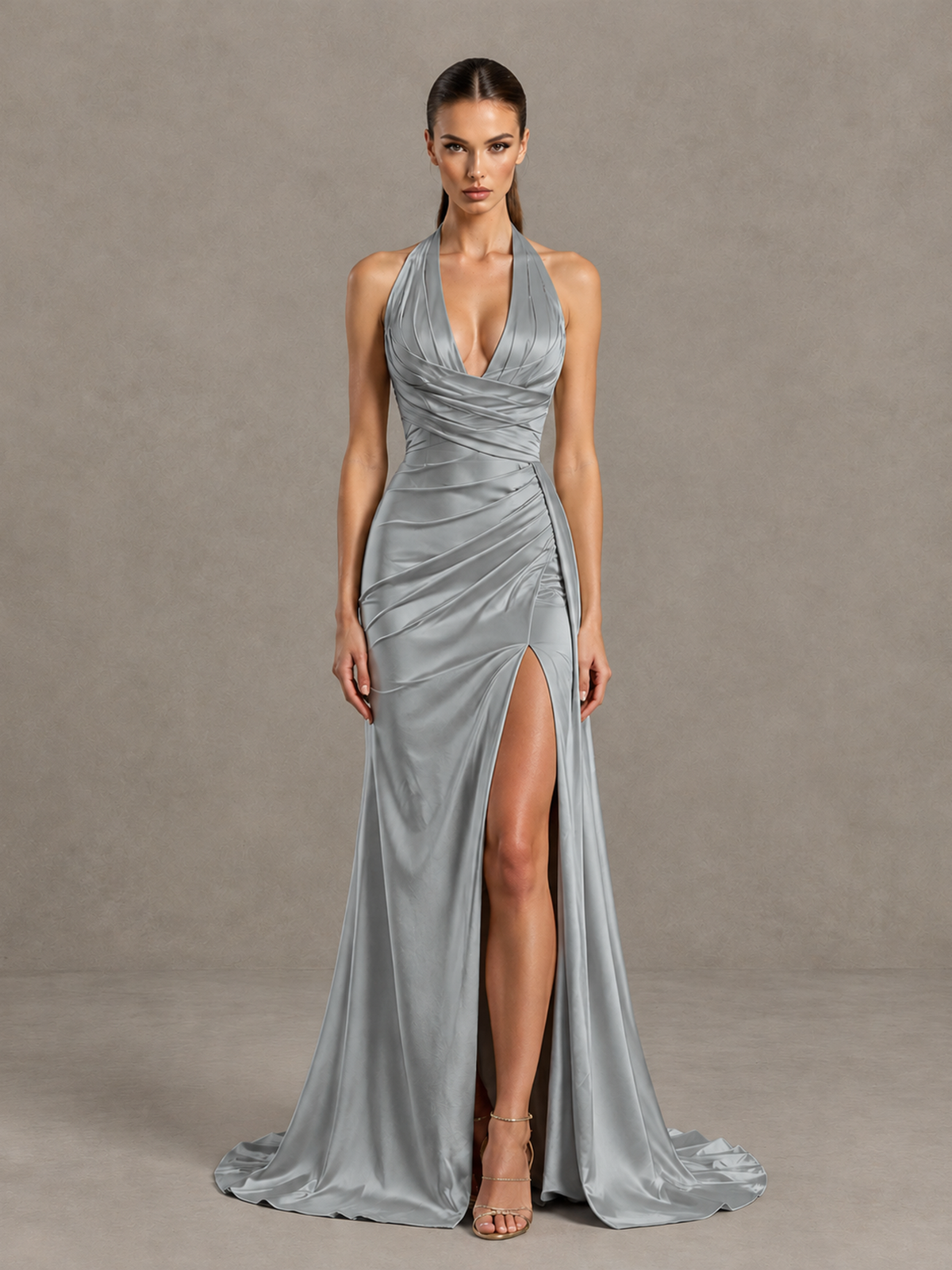 BOLODOO Grey Halter Satin Evening & Prom Dress with High Slit - Grey - Grey_3