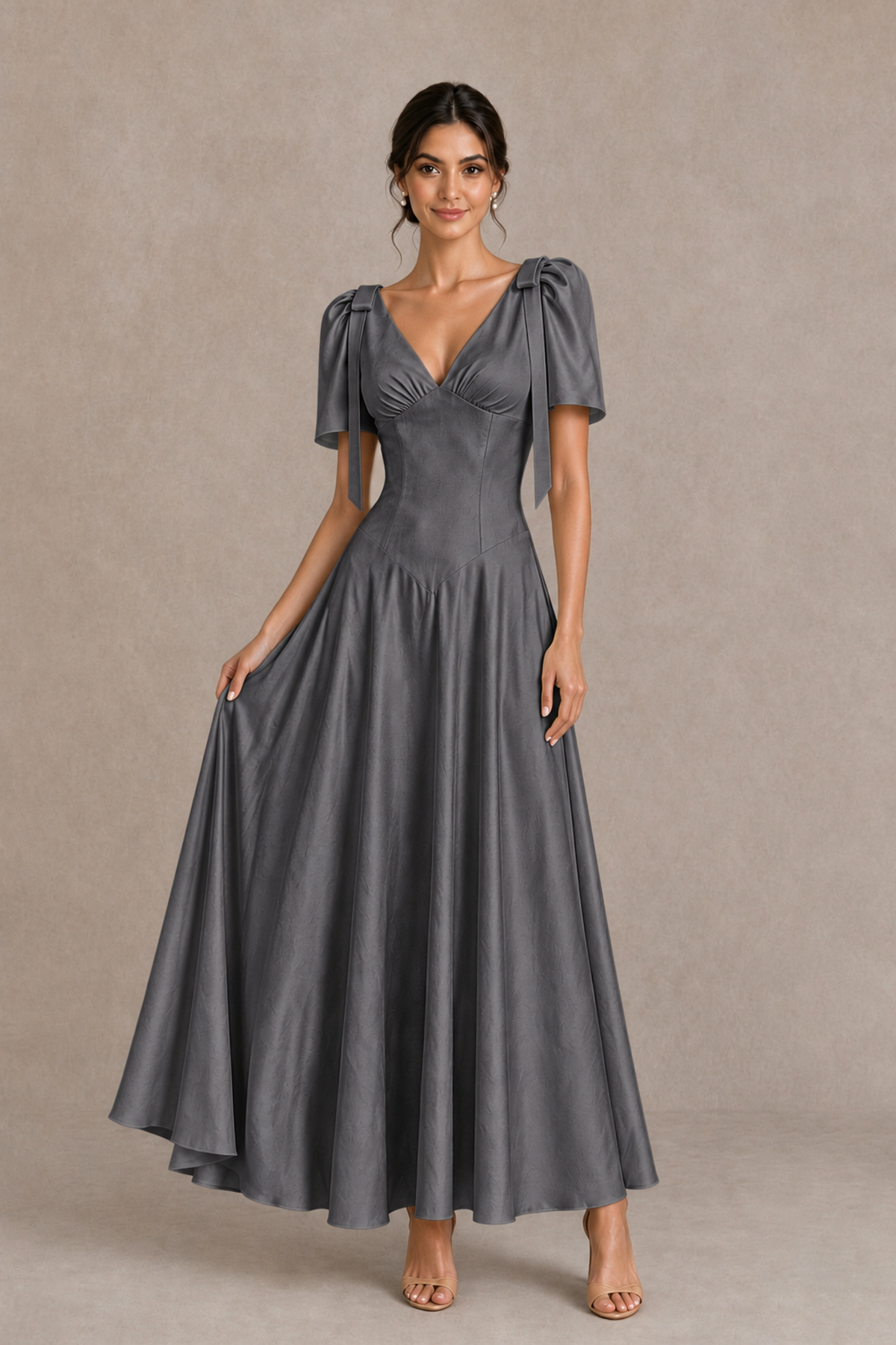 BOLODOO Grey V-Neck Short Sleeve Satin-Look Bridesmaid Dress with Shoulder Bows - Grey - Grey_3