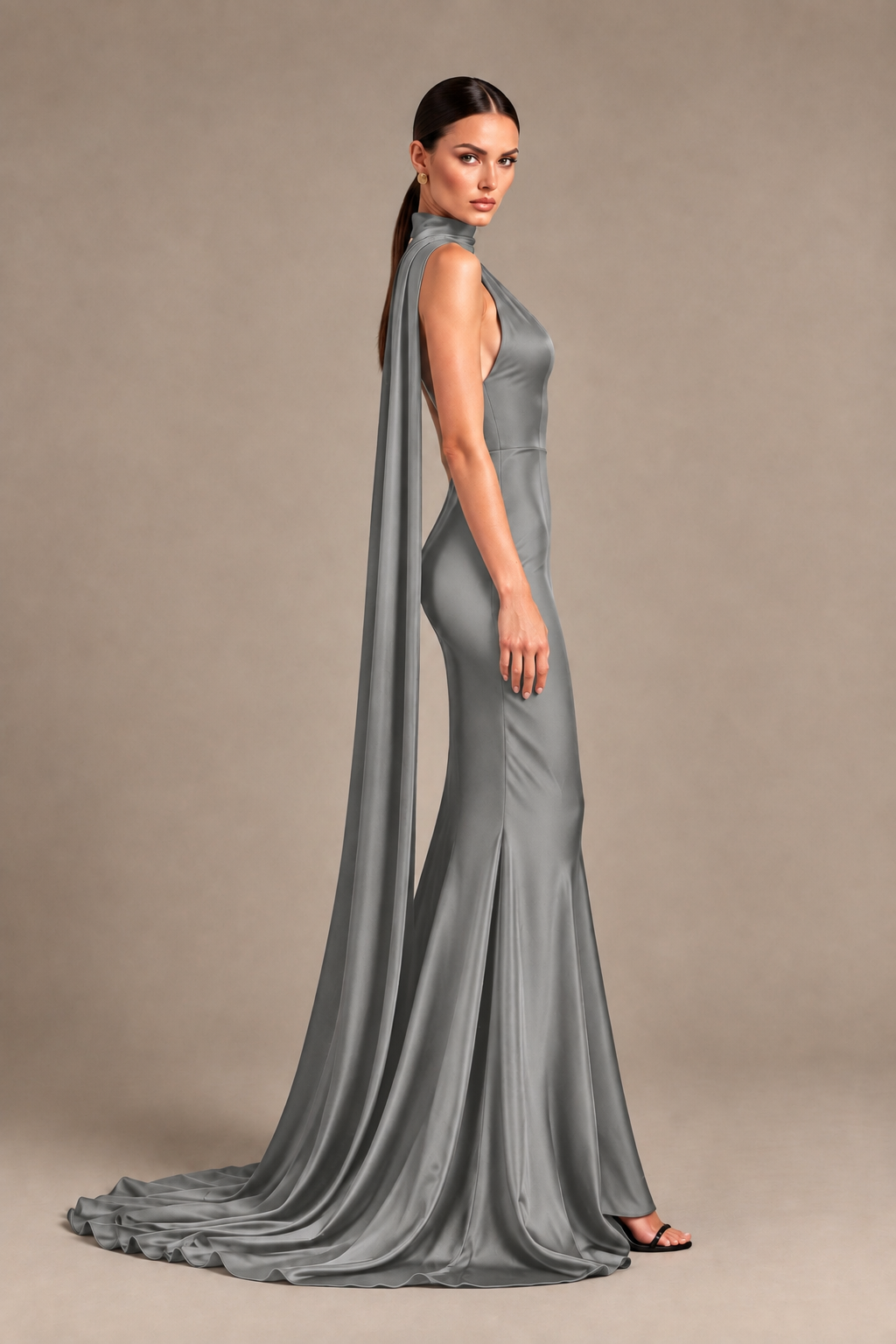 BOLODOO Grey One-Shoulder Satin Mermaid Evening Dress with Scarf - Grey - Grey_3
