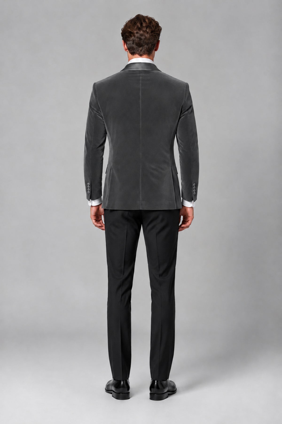 BOLODOO Men's Grey Velvet Blazer | Shawl Lapel Tuxedo Jacket - Grey - Grey_3