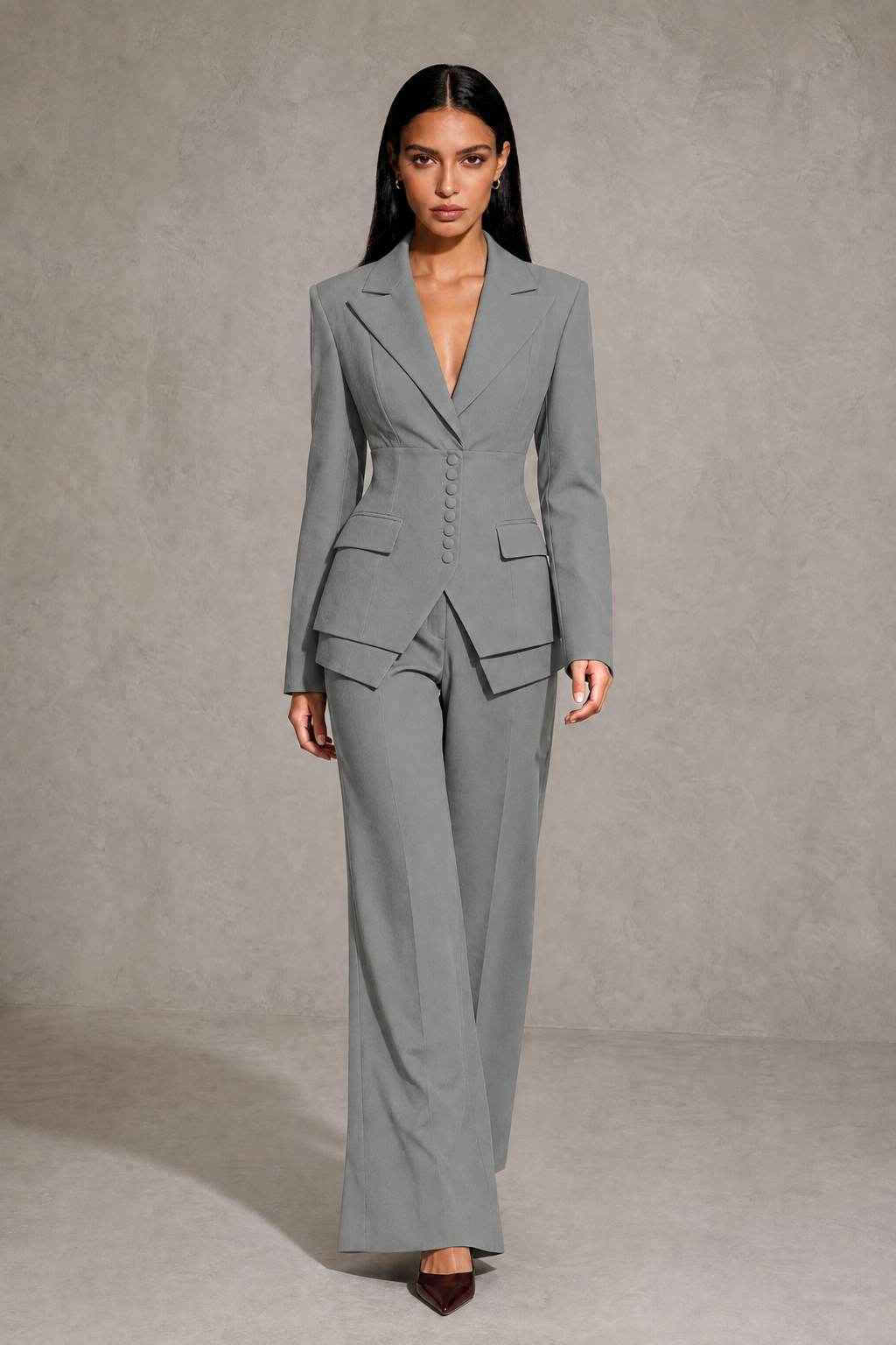 BOLODOO Grey Cinched Waist Blazer and Wide Leg Pants Two Piece Suit Set - Grey