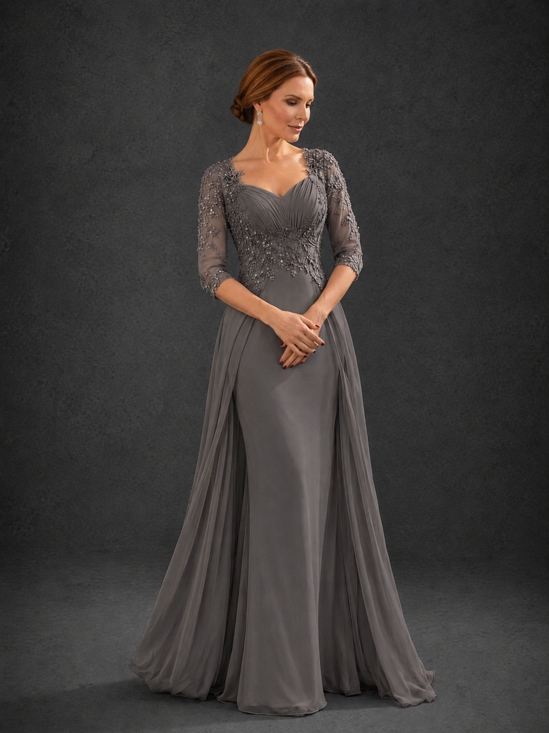 BOLODOO Grey Sweetheart Neck 3/4 Sleeve Floral Lace Illusion Bodice Chiffon A-Line Gown - Grey