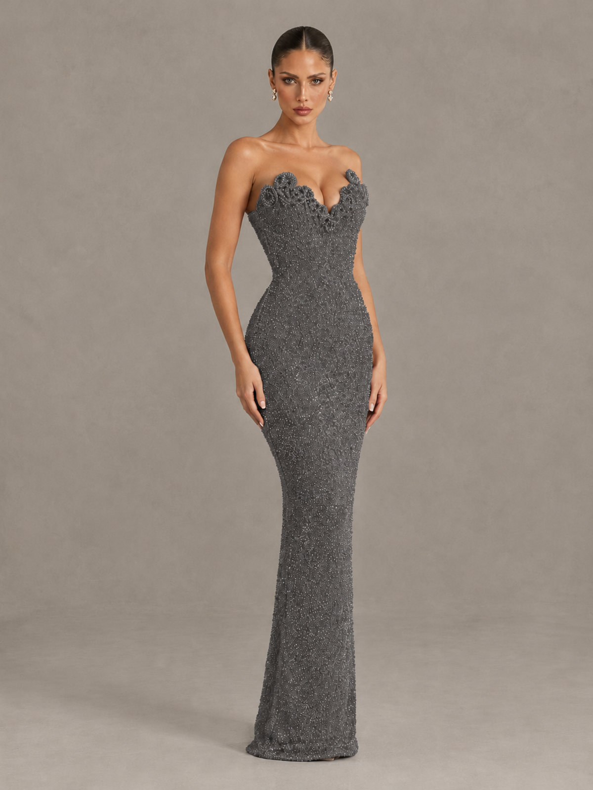 BOLODOO Grey Strapless Sequin Evening Gown with Floral Neckline - Grey - Grey_3
