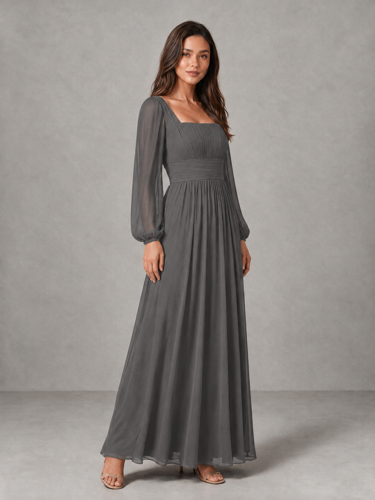 BOLODOO Grey Square Neck Long Sleeve Chiffon Bridesmaid Dress - Grey - Grey_3