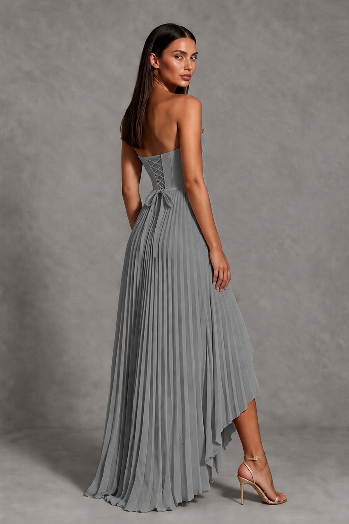 Grey Strapless Pleated High-Low Evening Gown with Ruffle Hem - Grey