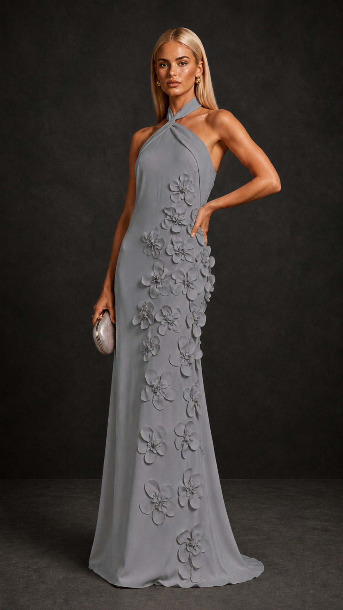 BOLODOO Grey Cross Halter Neck 3D Floral Appliqué Backless Mermaid Maxi Gown - Grey