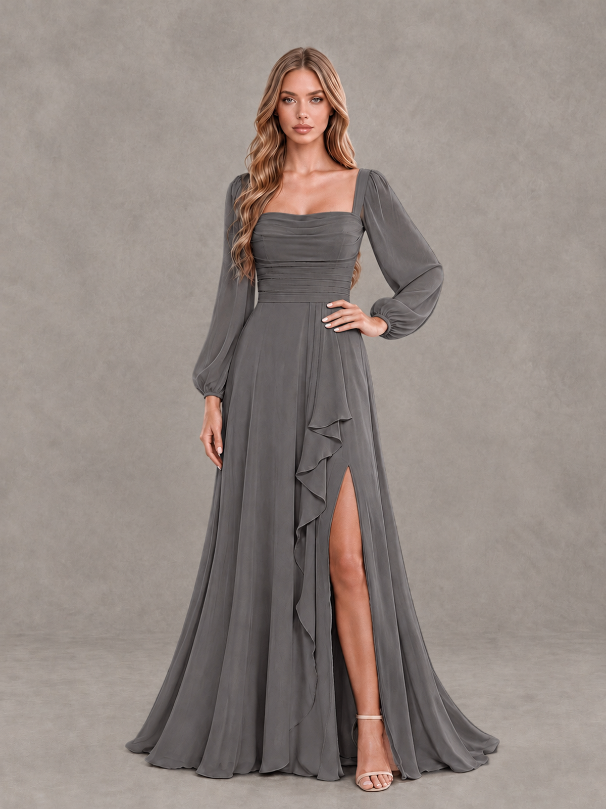 BOLODOO Grey Square Neck Long Sleeve Bridesmaid Dress with Ruffle Slit - Grey - Grey_3
