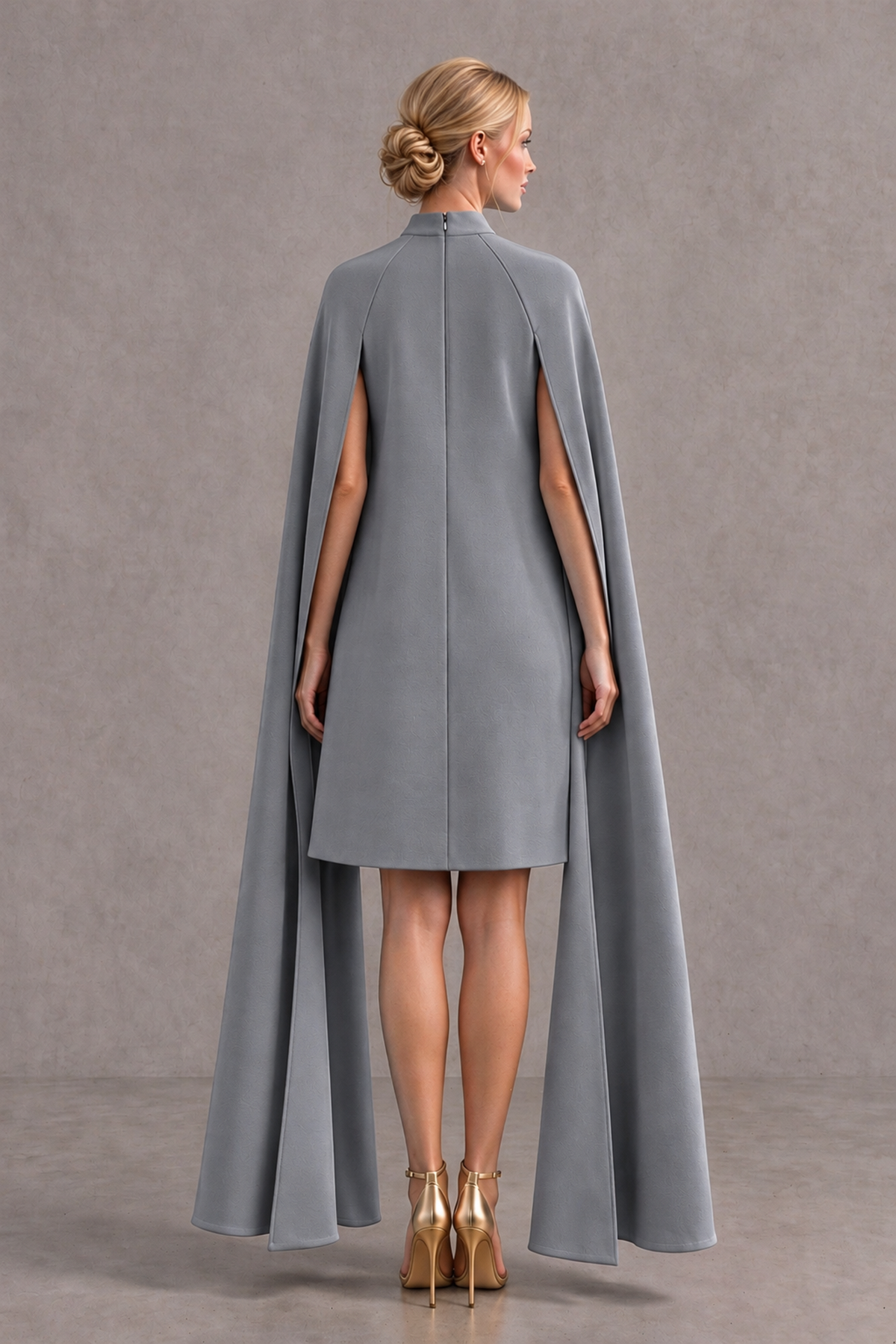 BOLODOO Grey High Neck Floral Cape Mini Cocktail Dress - Grey - Grey_3