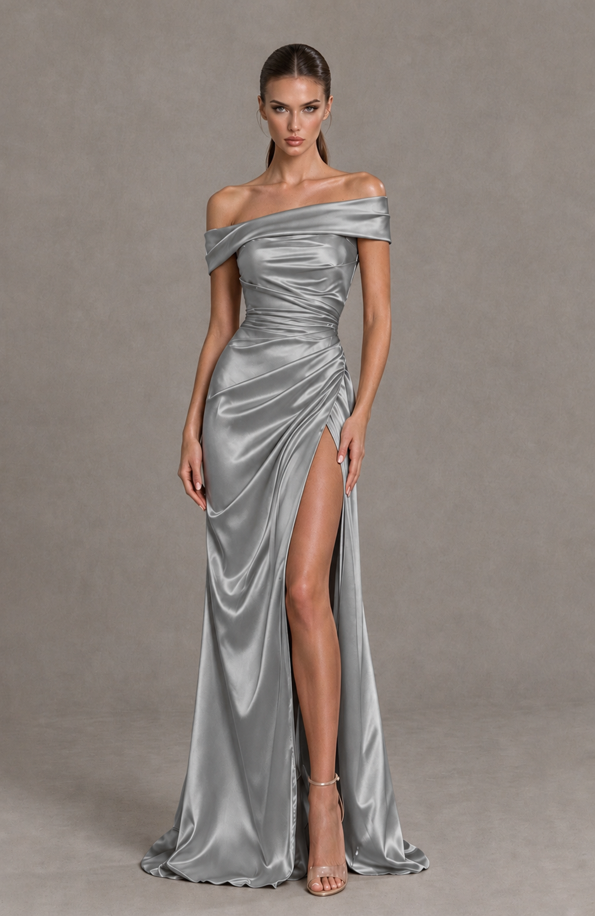 BOLODOO Grey Off-the-Shoulder Ruched Satin Prom & Evening Dress with High Slit - Grey - Grey_3