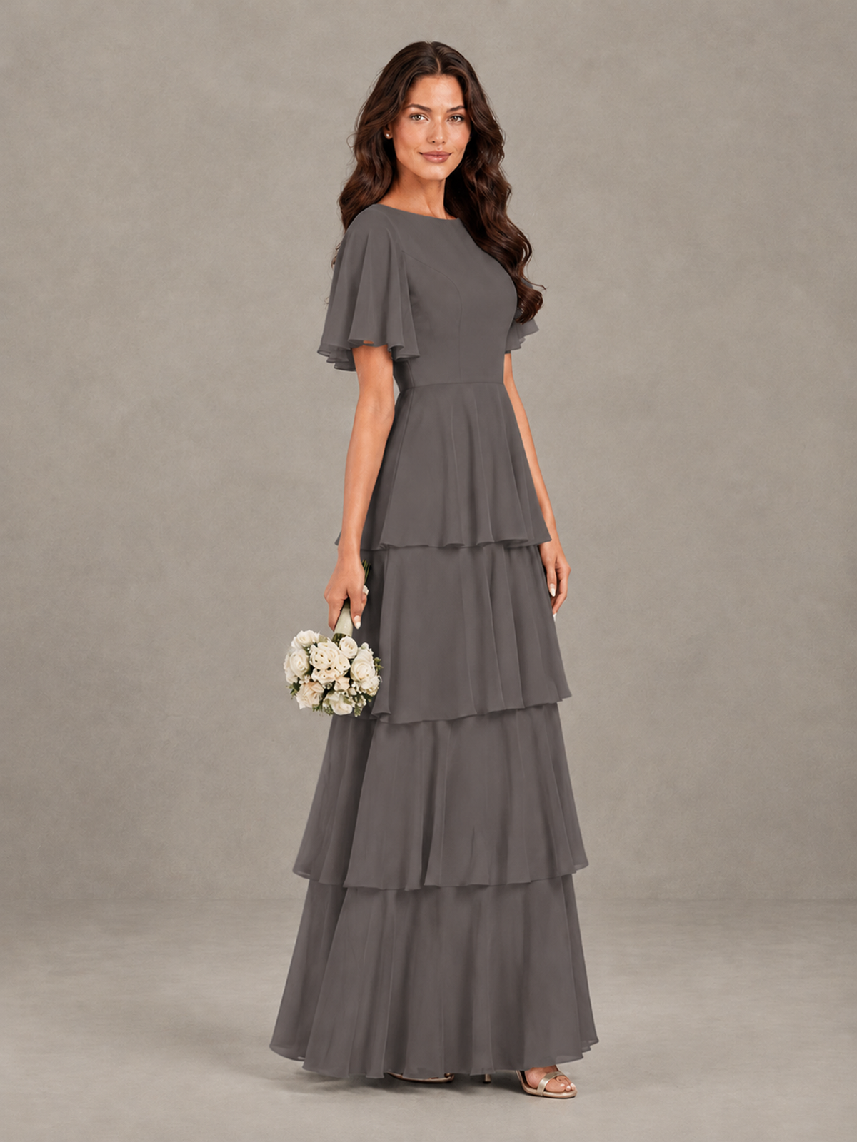 BOLODOO Grey Tiered Flutter Sleeve Bridesmaid Dress - Grey - Grey_3
