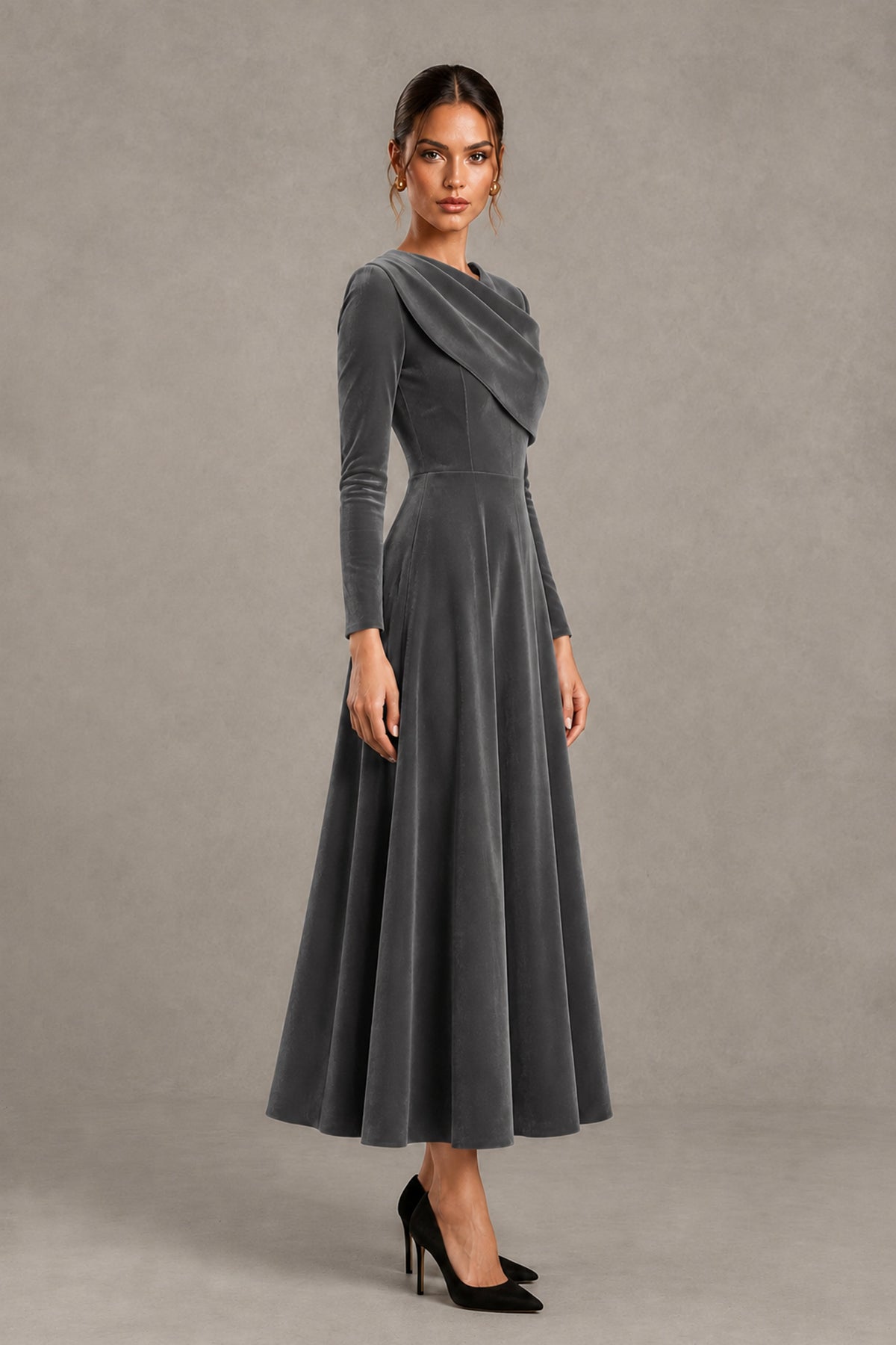 BOLODOO Grey Velvet-Look Long Sleeve Tea-Length A-Line Dress with Draped Neckline - Grey - Grey_3