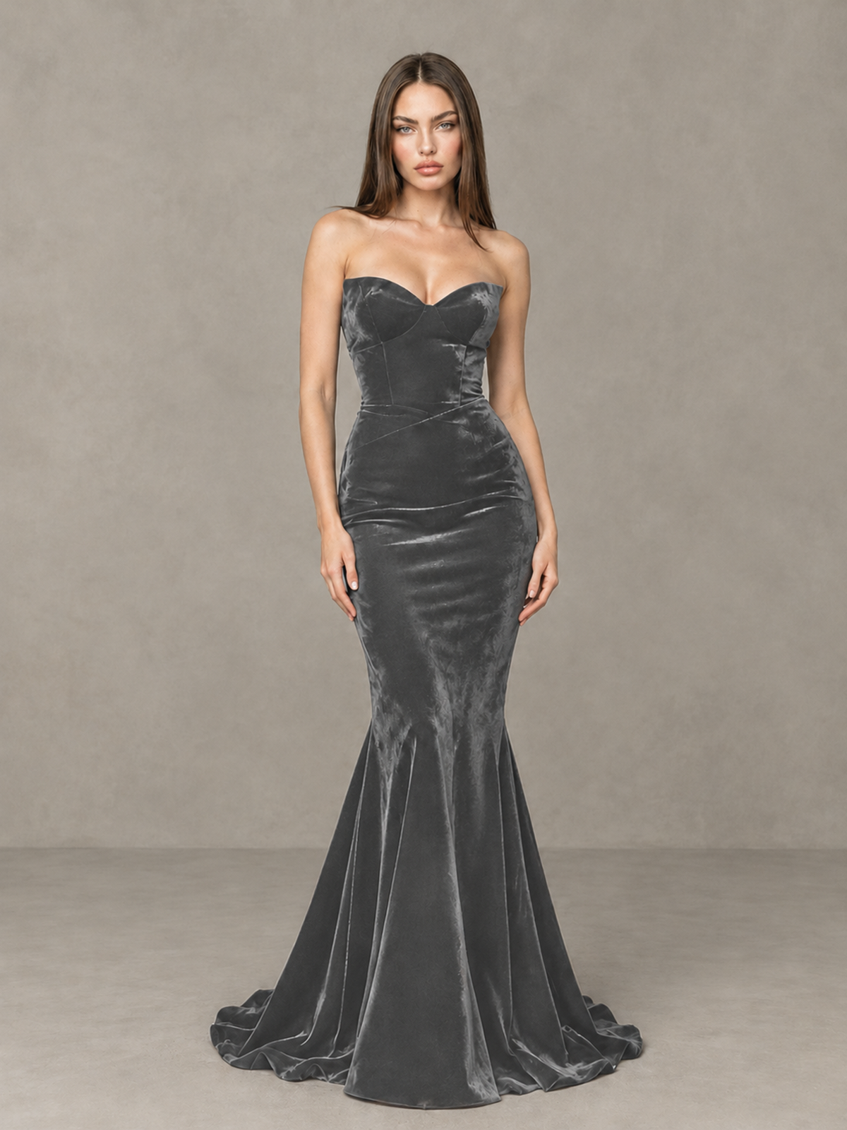 BOLODOO Grey Strapless Sweetheart Velvet-Look Mermaid Evening Dress - Grey - Grey_3