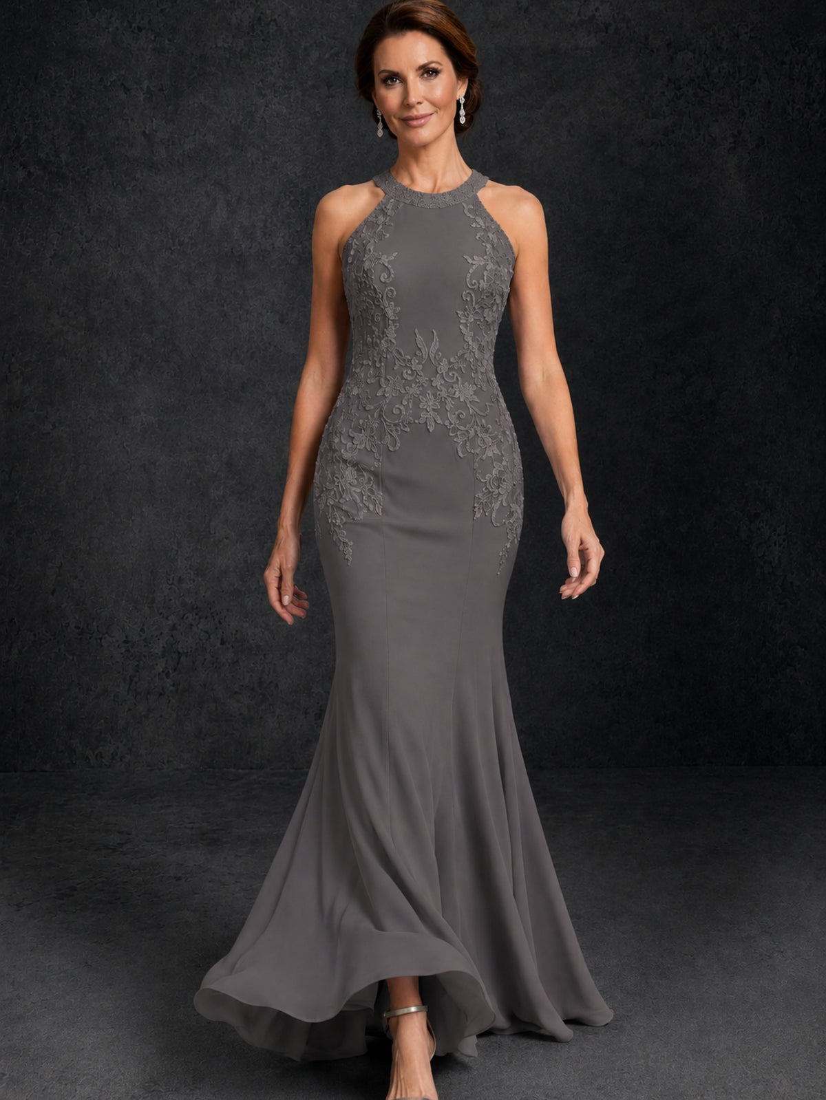 BOLODOO Grey Lace Applique Halter Neck Sheer Back Mermaid Maxi Dress with Sweep Train - Grey