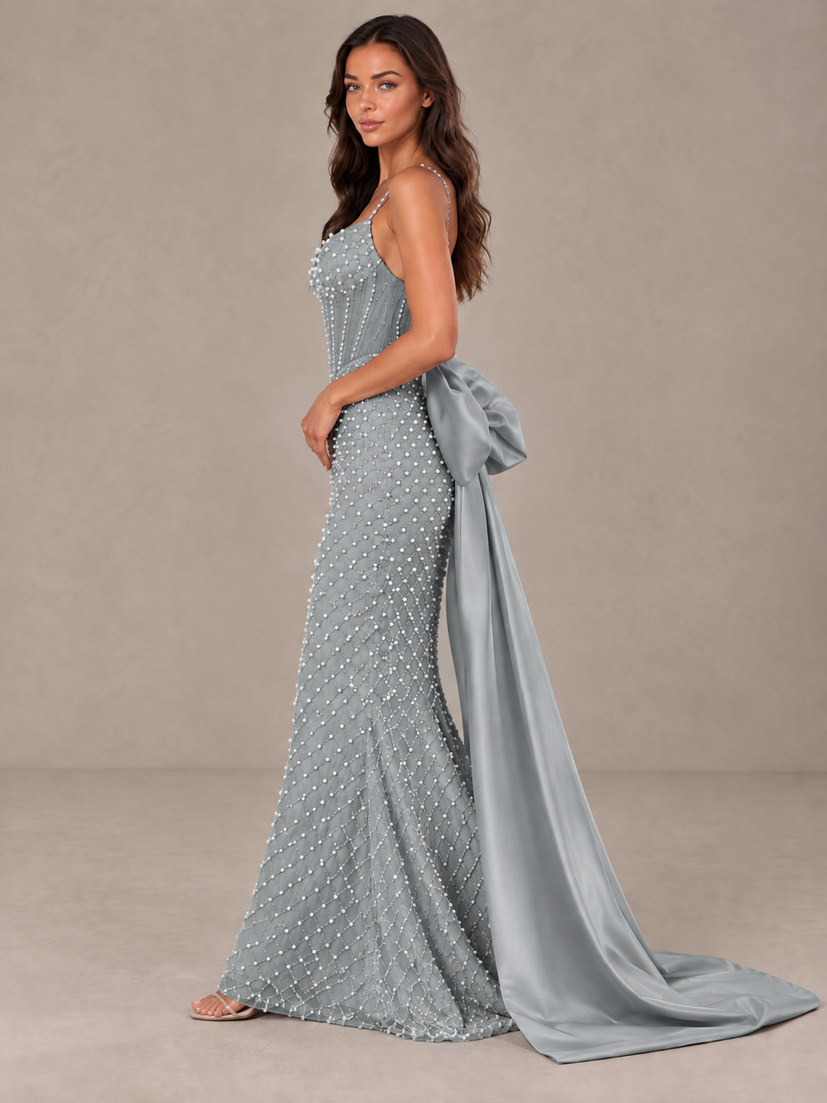 BOLODOO Grey Beaded Corset Prom Dress with Bow Train - Grey - Grey_3