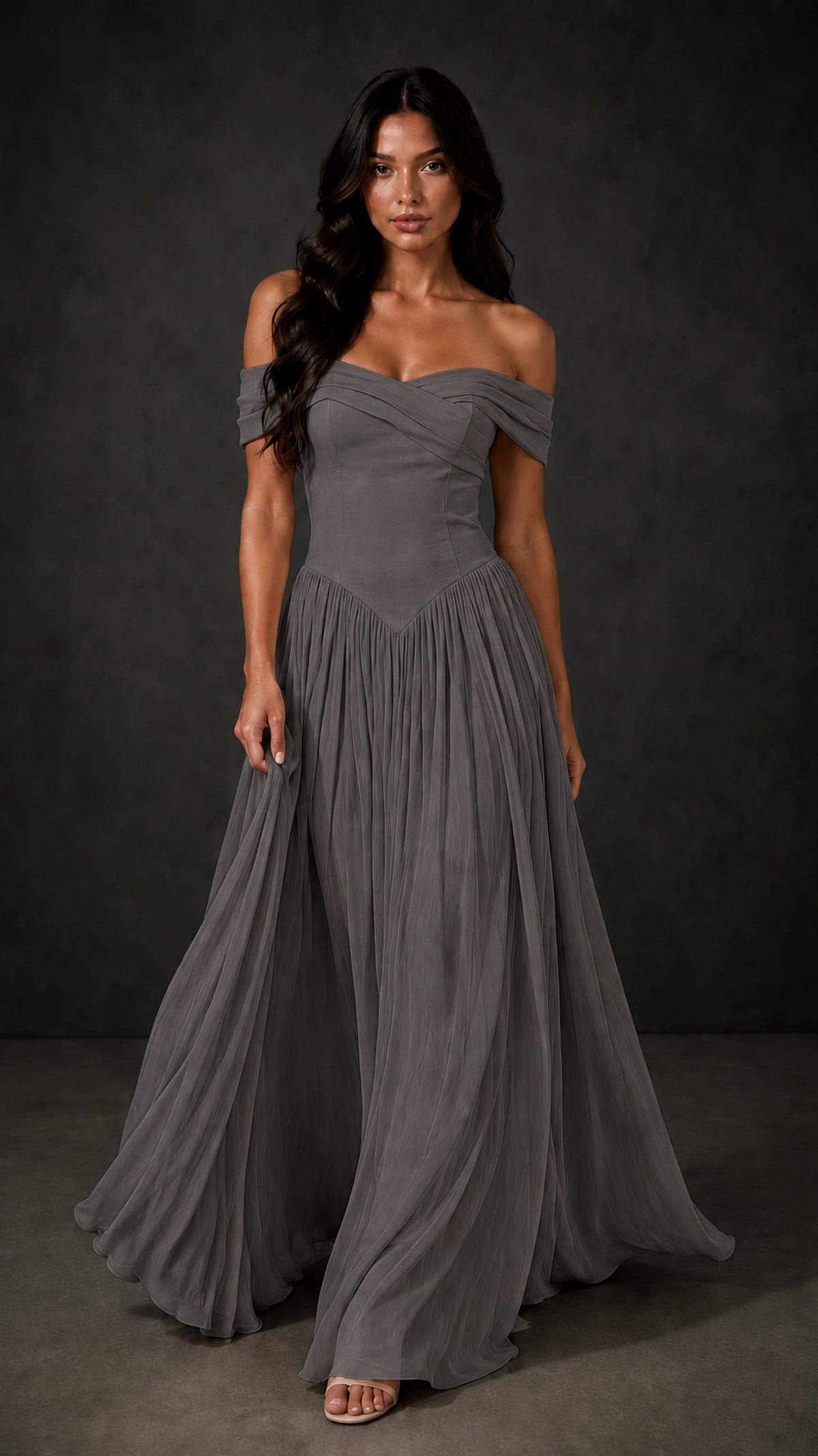 BOLODOO Grey Off-Shoulder Sweetheart Corset Pleated Chiffon Maxi Dress - Grey