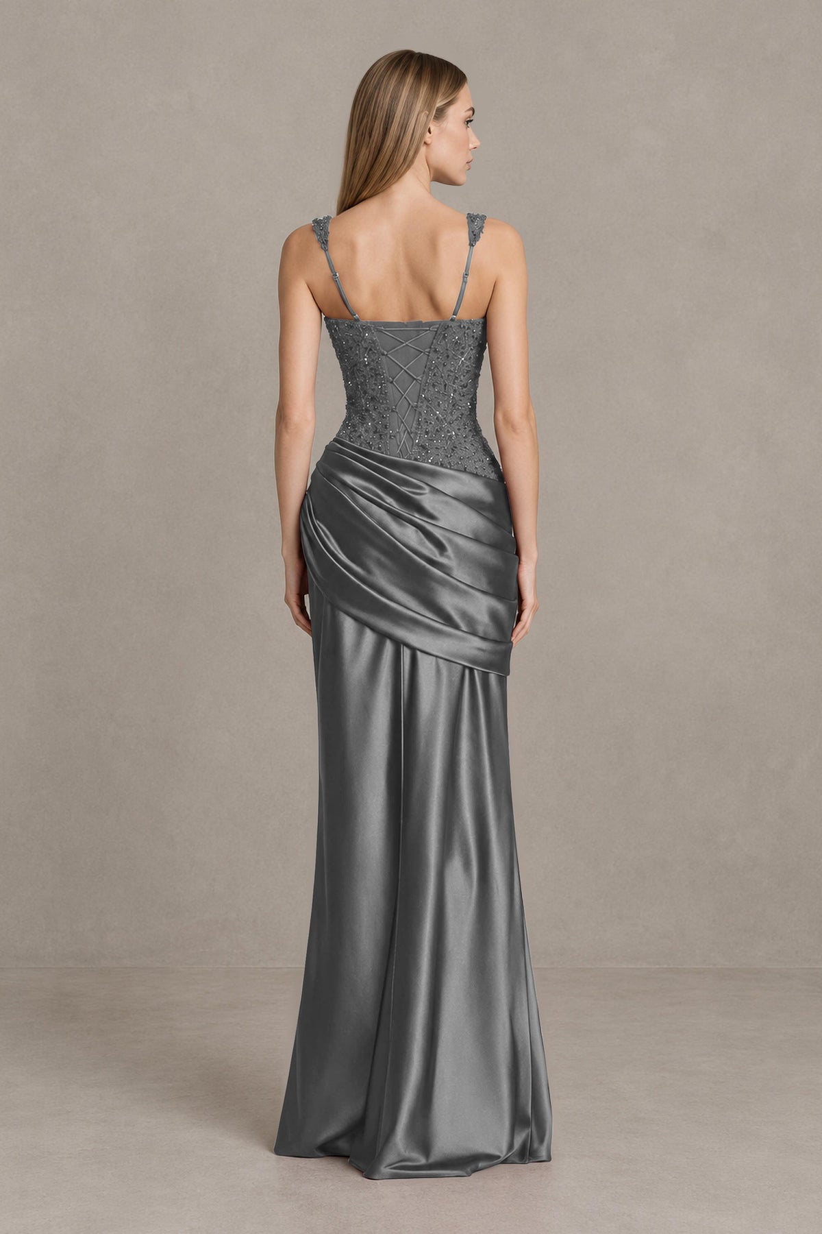 BOLODOO Grey Square Neck Embellished Satin Evening Gown - Grey