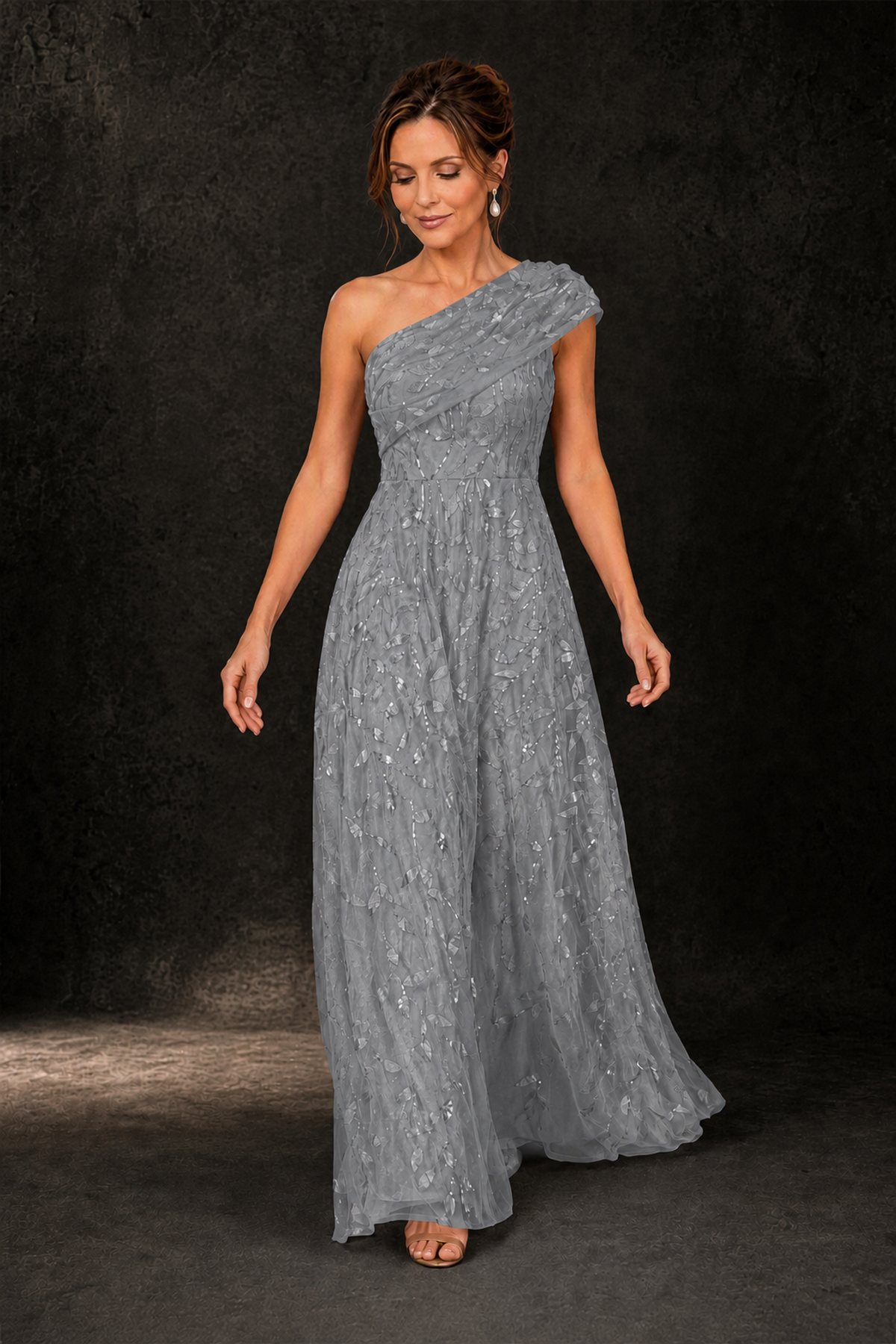 BOLODOO Grey Leaf Sequin One-Shoulder A-Line Maxi Gown – Mother of the Bride & Formal Evening Dress - Grey - Grey_3