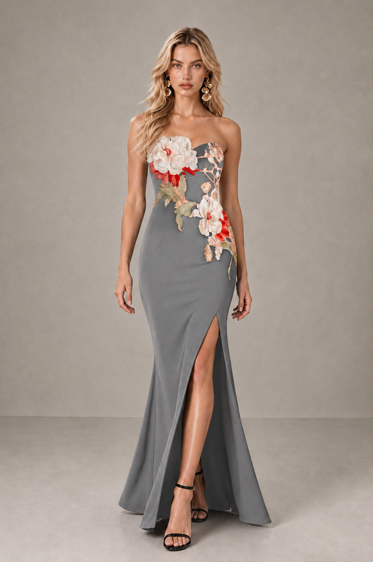 BOLODOO Grey Strapless Floral Mermaid Evening Dress with Slit - Grey - Grey_3