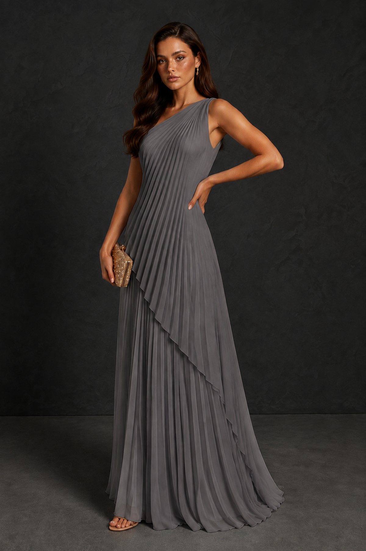 BOLODOO Grey One-Shoulder Sunburst Pleated Asymmetric Layered Overlay Accordion Pleated Chiffon Maxi Dress - Grey