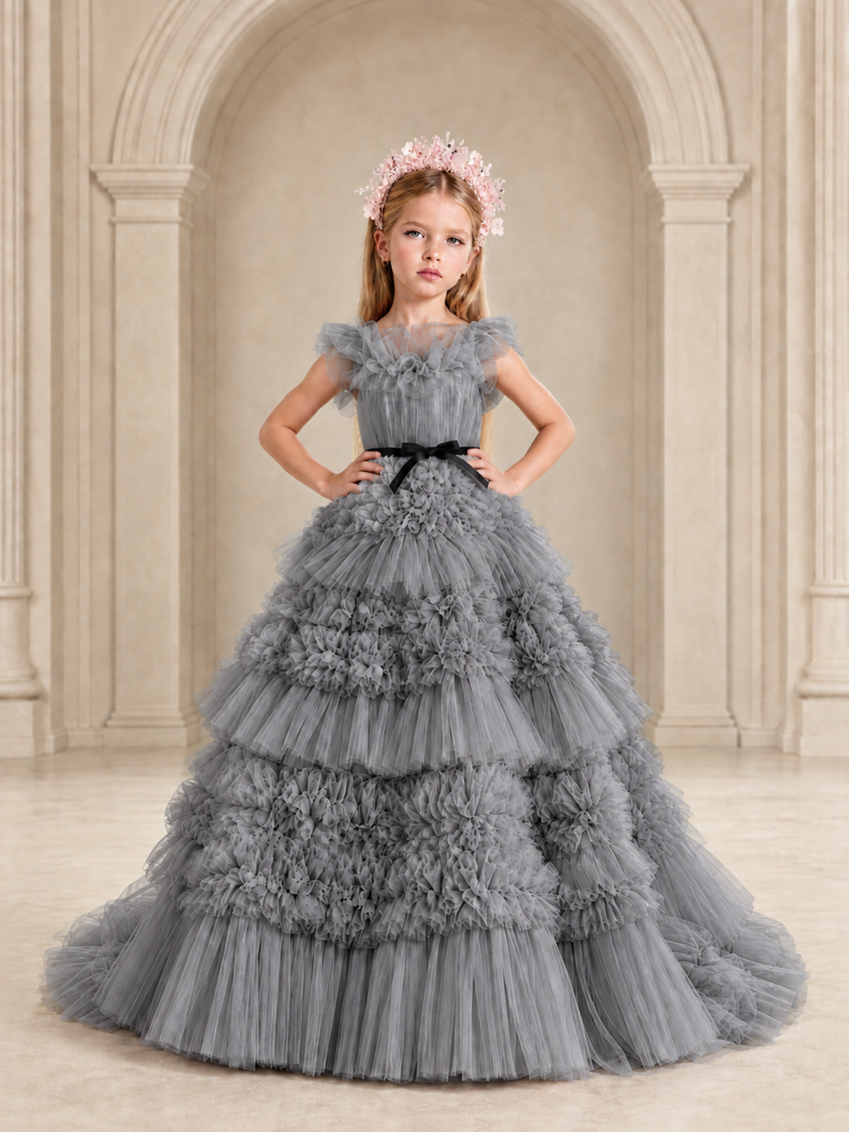 BOLODOO Grey Tiered Tulle Flower Girl Dress with Floral Appliques - Grey - Grey_3