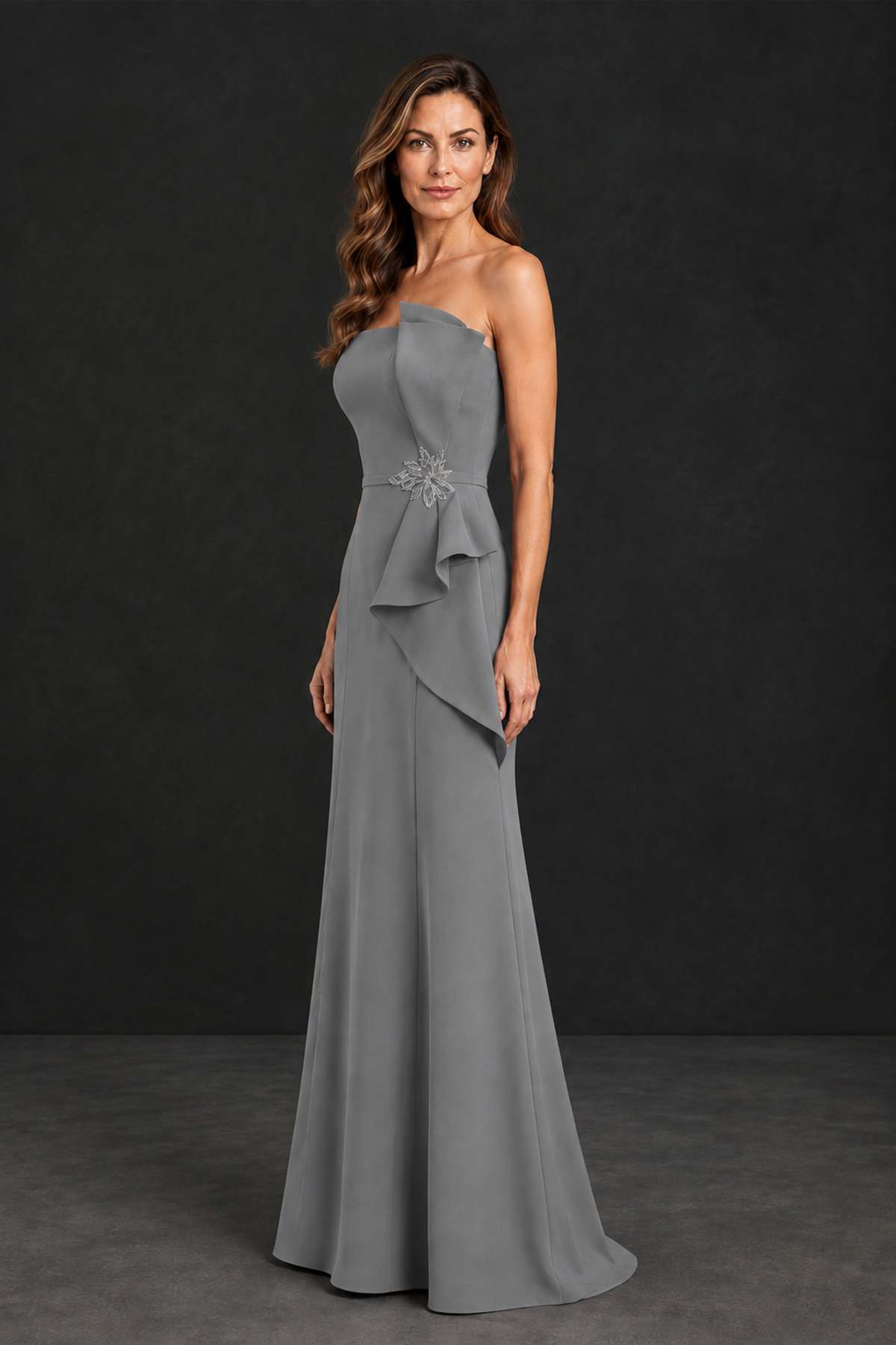 BOLODOO Grey Strapless Mother of the Bride Dress with Ruffle Detail - Grey - Grey_3