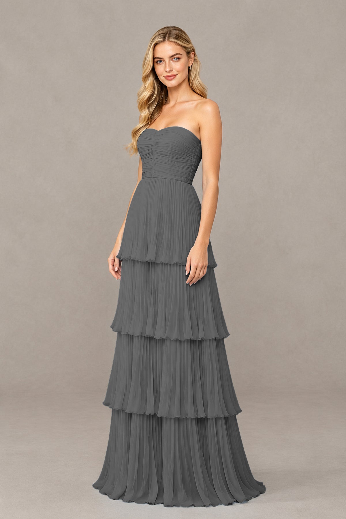 BOLODOO Grey Strapless Tiered Chiffon Maxi Dress - Grey