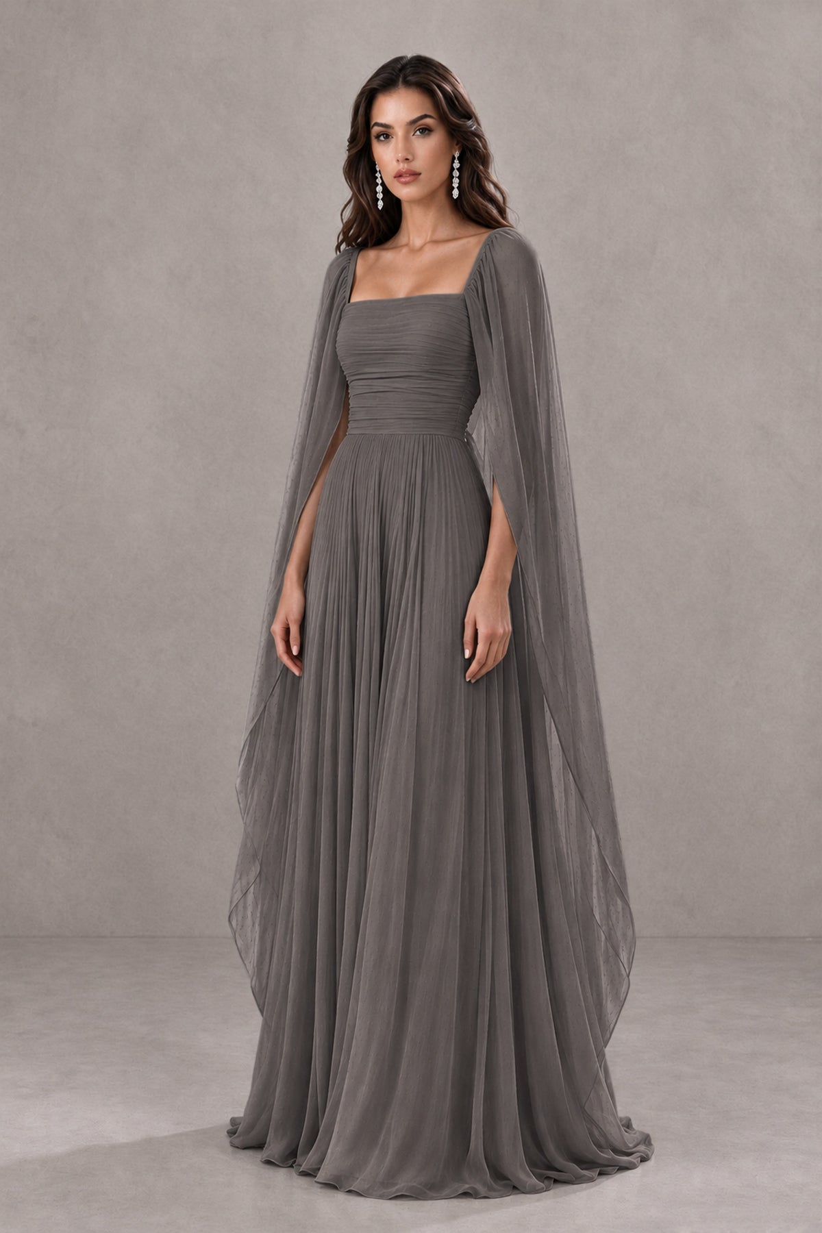 BOLODOO Grey Square Neck Cape Sleeve A-Line Evening Dress - Grey - Grey_3