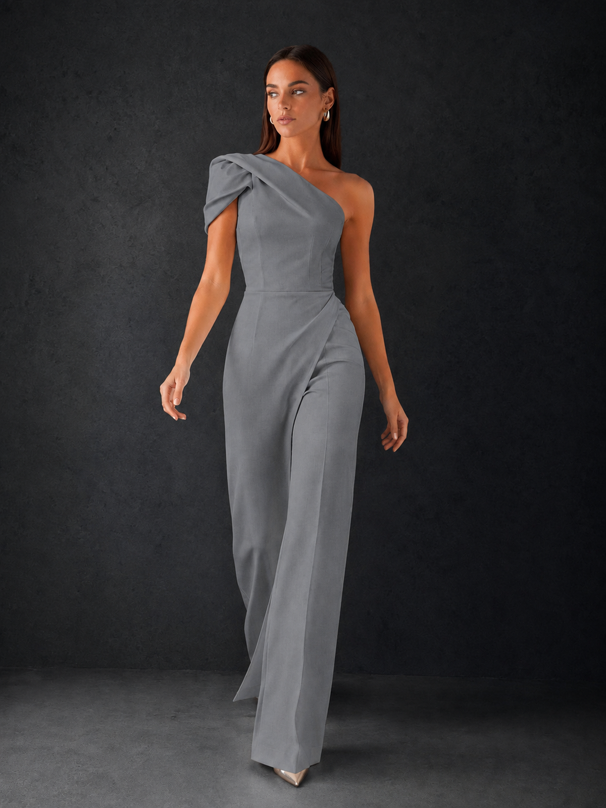 BOLODOO Grey One-Shoulder Puff Sleeve Wide-Leg Jumpsuit with Front Slit and Open Back - Grey