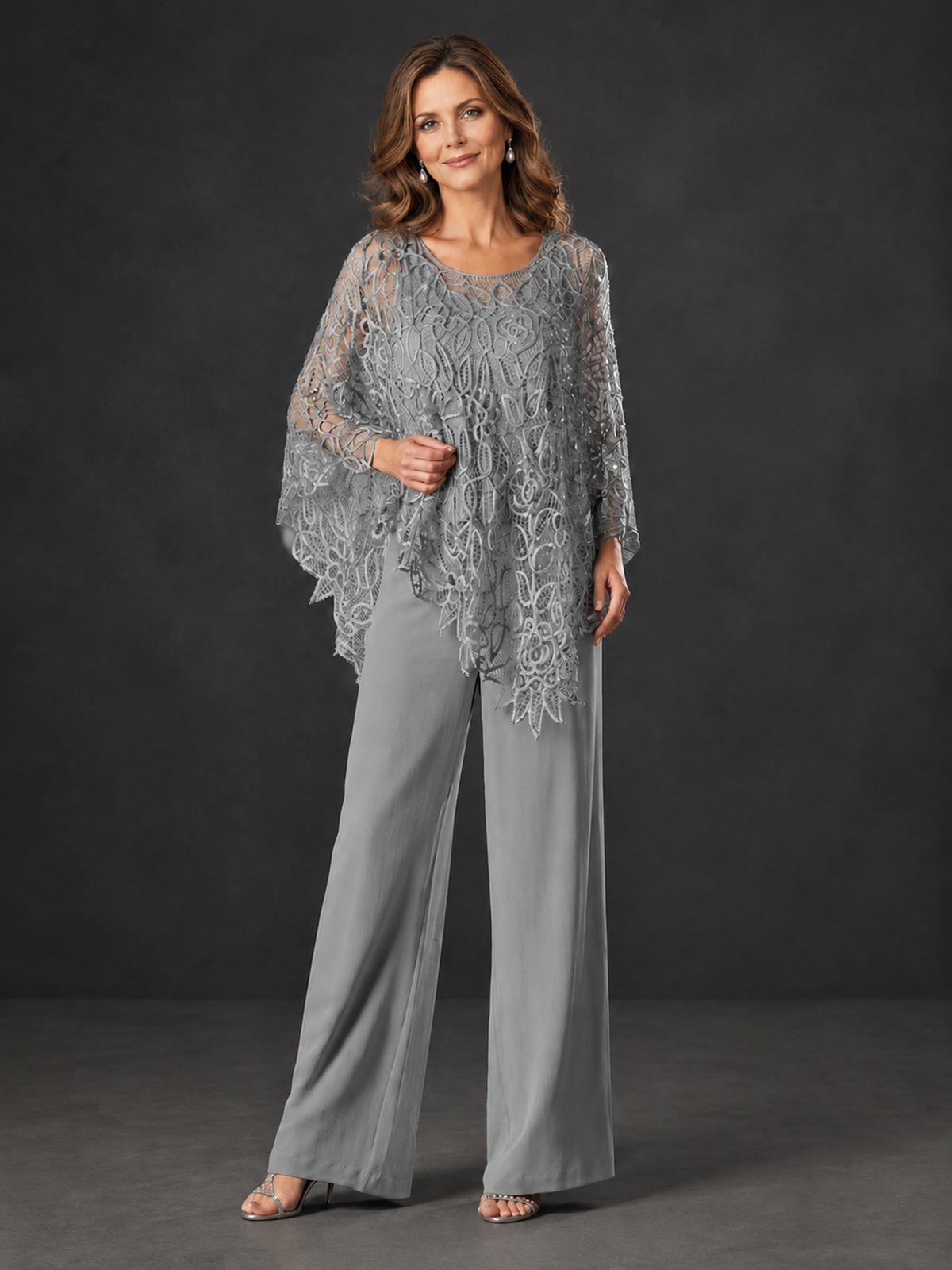 BOLODOO Grey Lace Overlay Wide-Leg Pantsuit for Mothers of the Bride - Grey