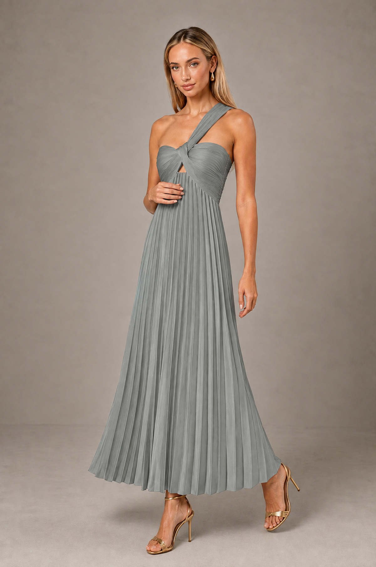 BOLODOO Grey One-Shoulder Twist Knot Pleated Satin Midi Dress with Cutout - Grey - Grey_3