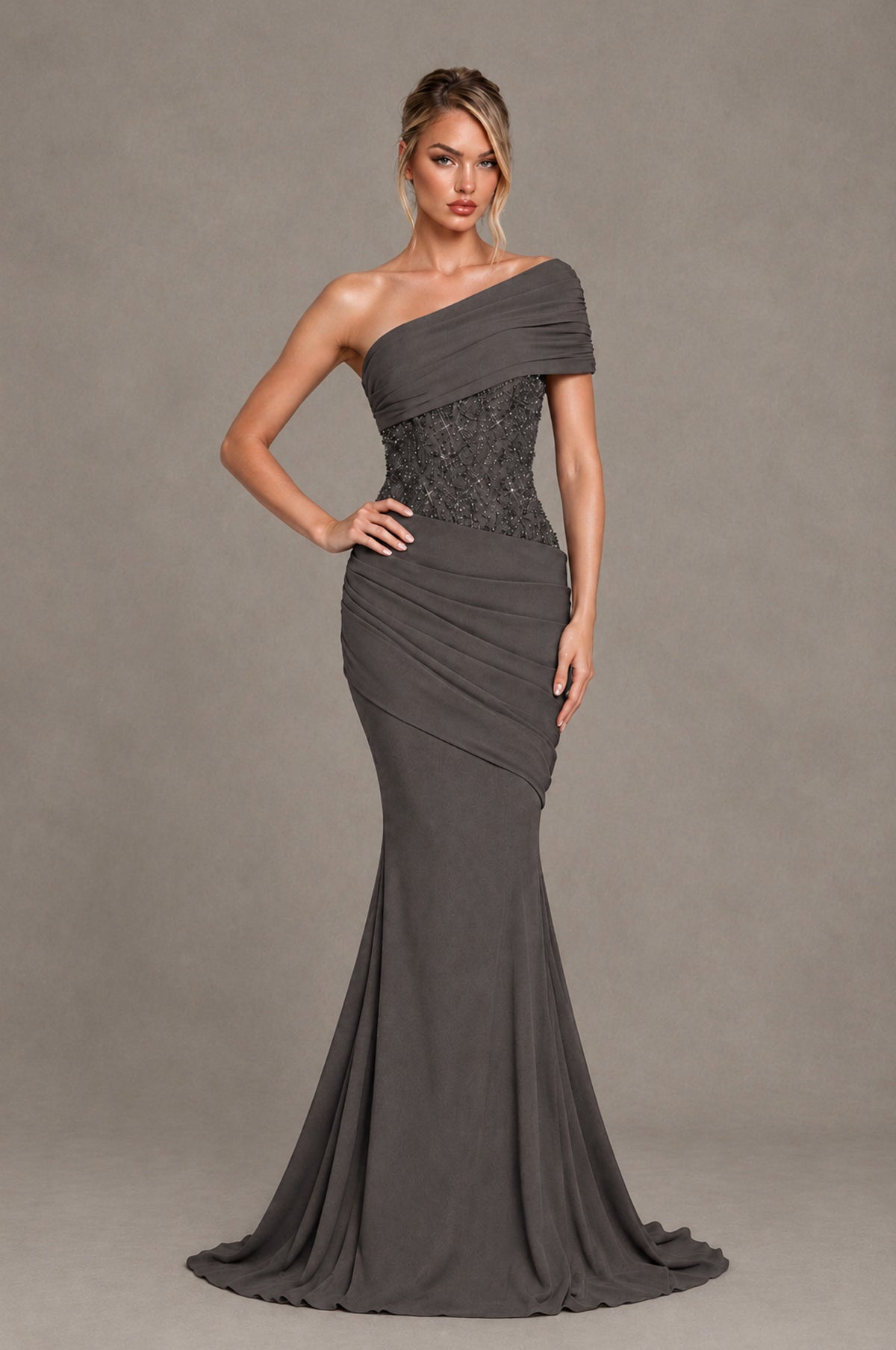 BOLODOO Grey One-Shoulder Sequin Embroidered Ruched Mermaid Gown with Train - Grey - Grey_3