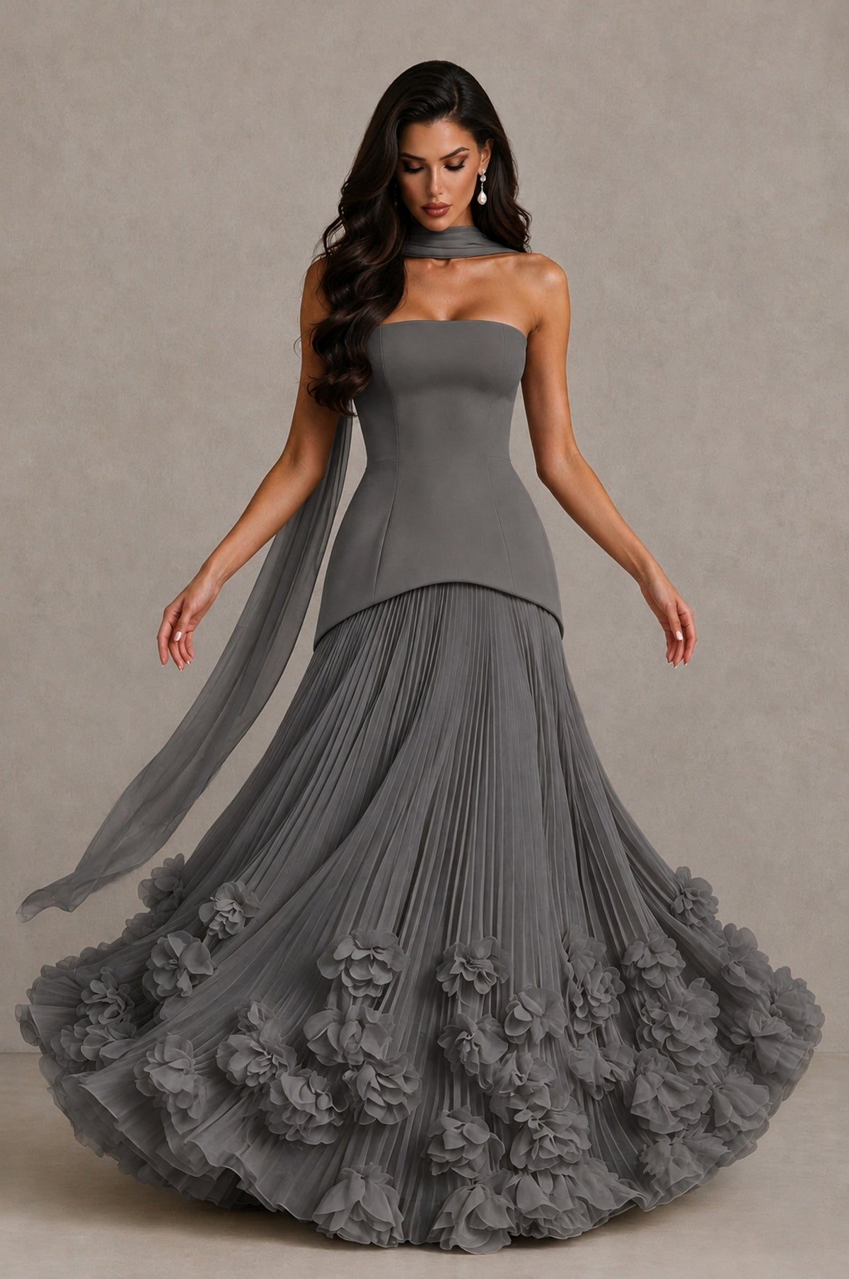 BOLODOO Grey Strapless Pleated Floral Hem Evening Gown - Grey - Grey_3