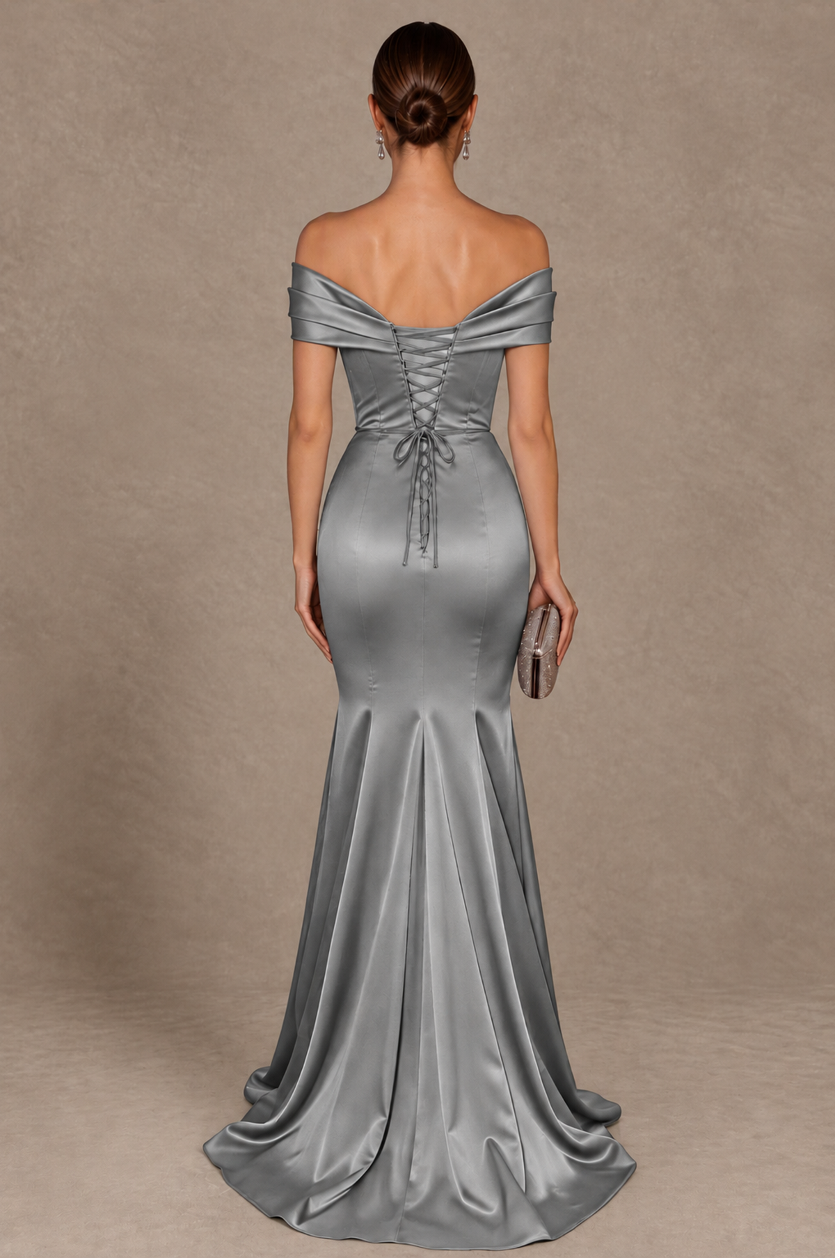 BOLODOO Grey Off-the-Shoulder Ruched Satin Mermaid Evening Dress - Grey - Grey_3