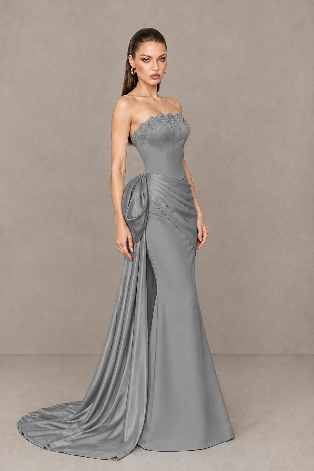 BOLODOO Grey Strapless Satin Prom Dress with Draped Side Train - Grey - Grey_3