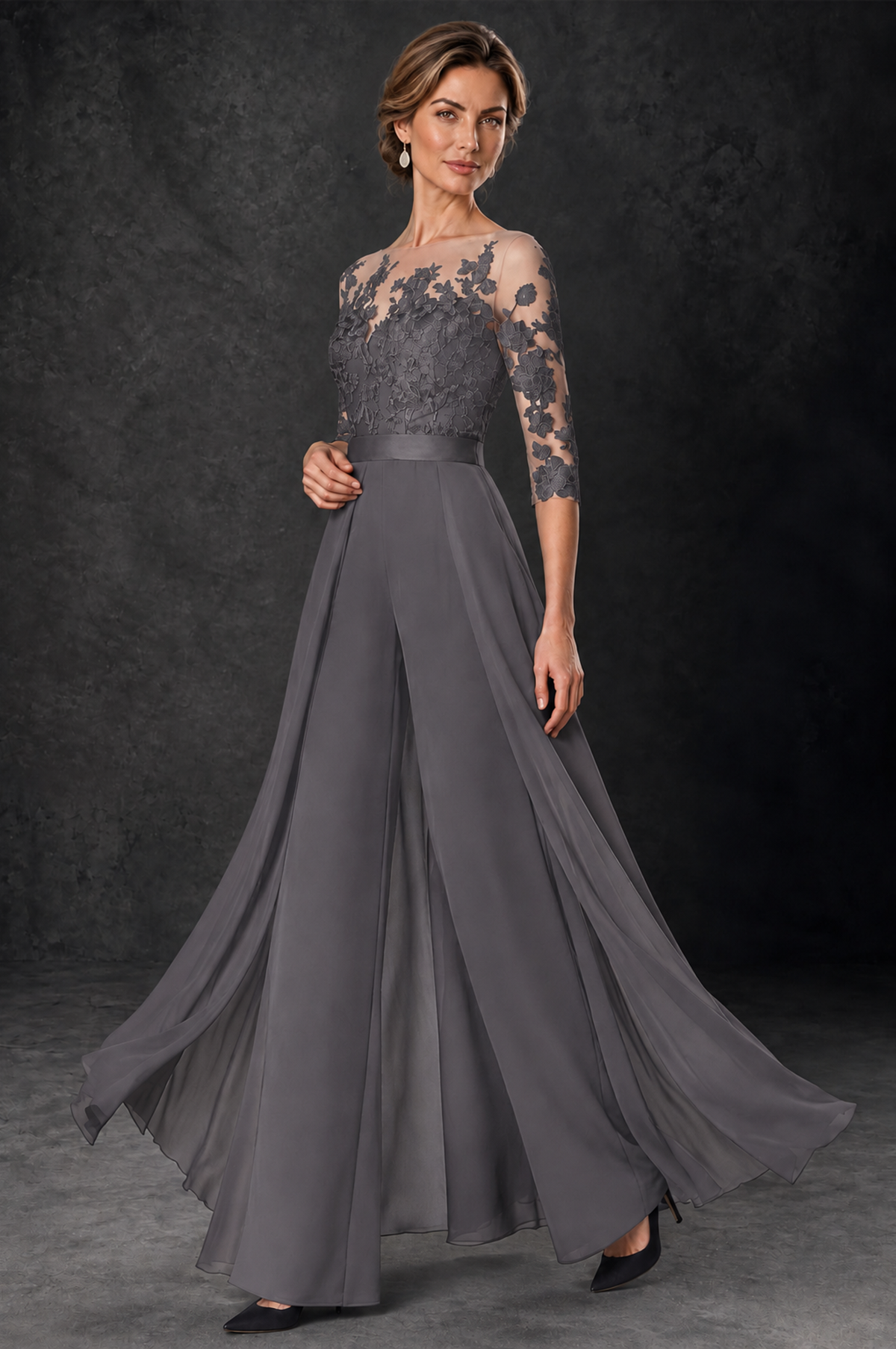 BOLODOO Grey Lace Wide-Leg Jumpsuit with Three-Quarter Sleeves - Grey - Grey_3