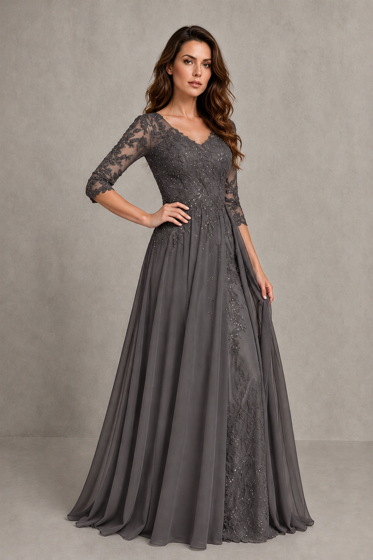 BOLODOO Midnight Grey Beaded Lace Appliqué Chiffon A-Line Gown | Mother of the Bride & Formal Evening Dress - Grey - Grey_3