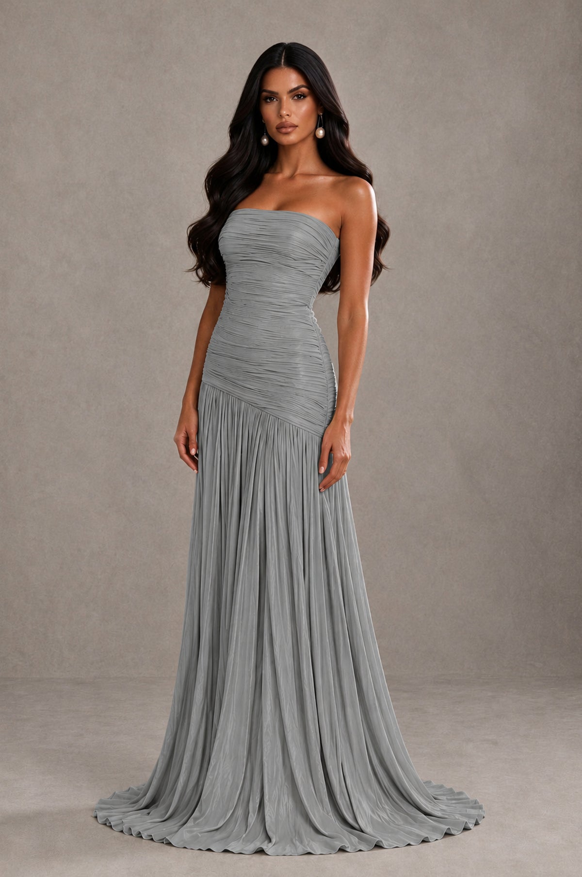 BOLODOO Grey Metallic Ruched Strapless Pleated A-Line Backless Maxi Dress with Train - Grey - Grey_3