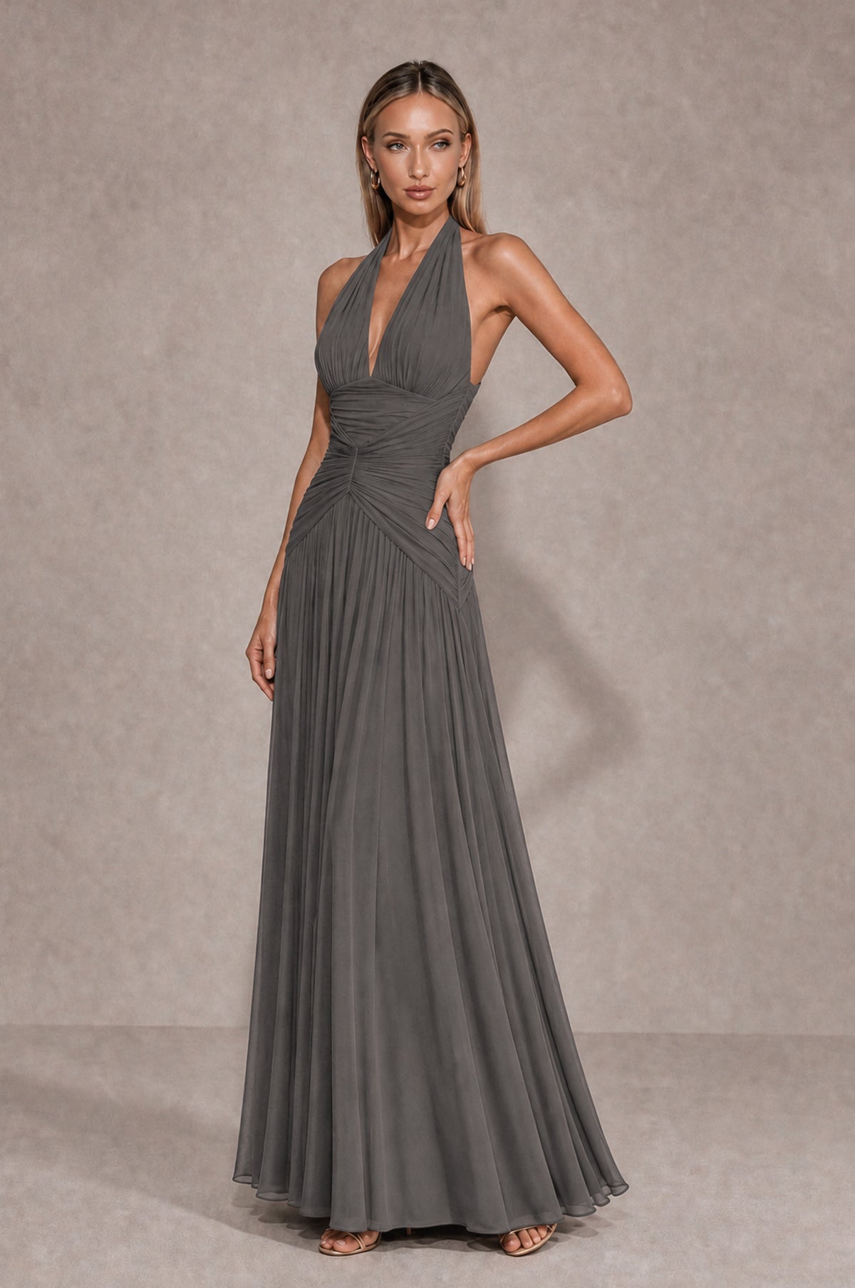BOLODOO Grey Chiffon Halter Deep V-Neck Ruched A-Line Backless Maxi Dress with Train-BD0167 - Grey - Grey_3