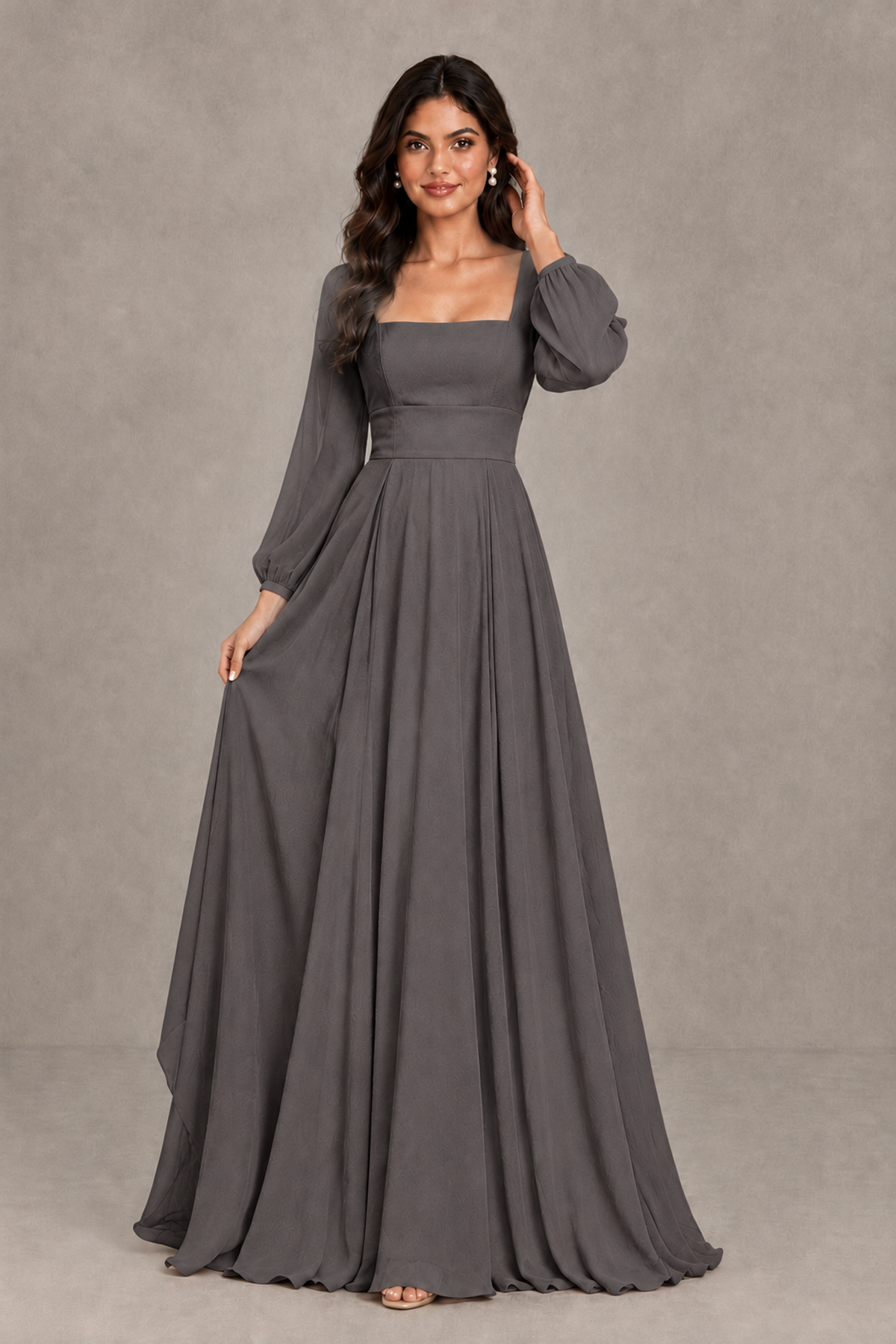 BOLODOO Grey Square Neck Long Sleeve A-Line Bridesmaid Dress - Grey - Grey_3